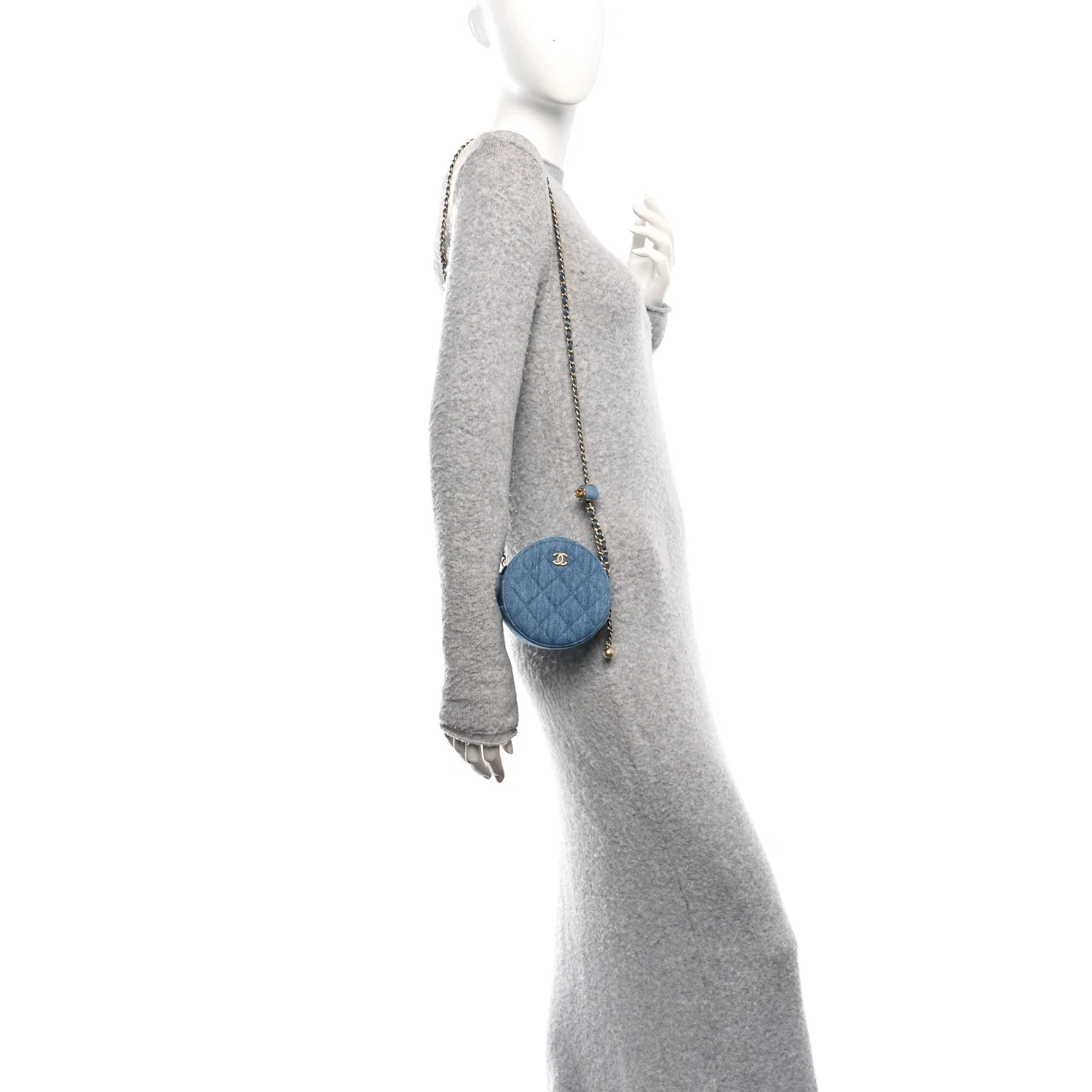 Denim Quilted Round Pearl Crush Clutch With Chain Blue - Image 2