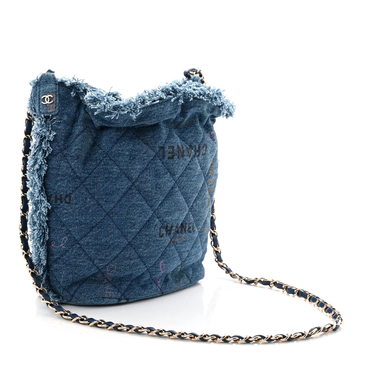 Denim Quilted Small Mood Bucket With Chain Blue Yellow Orange - Image 2