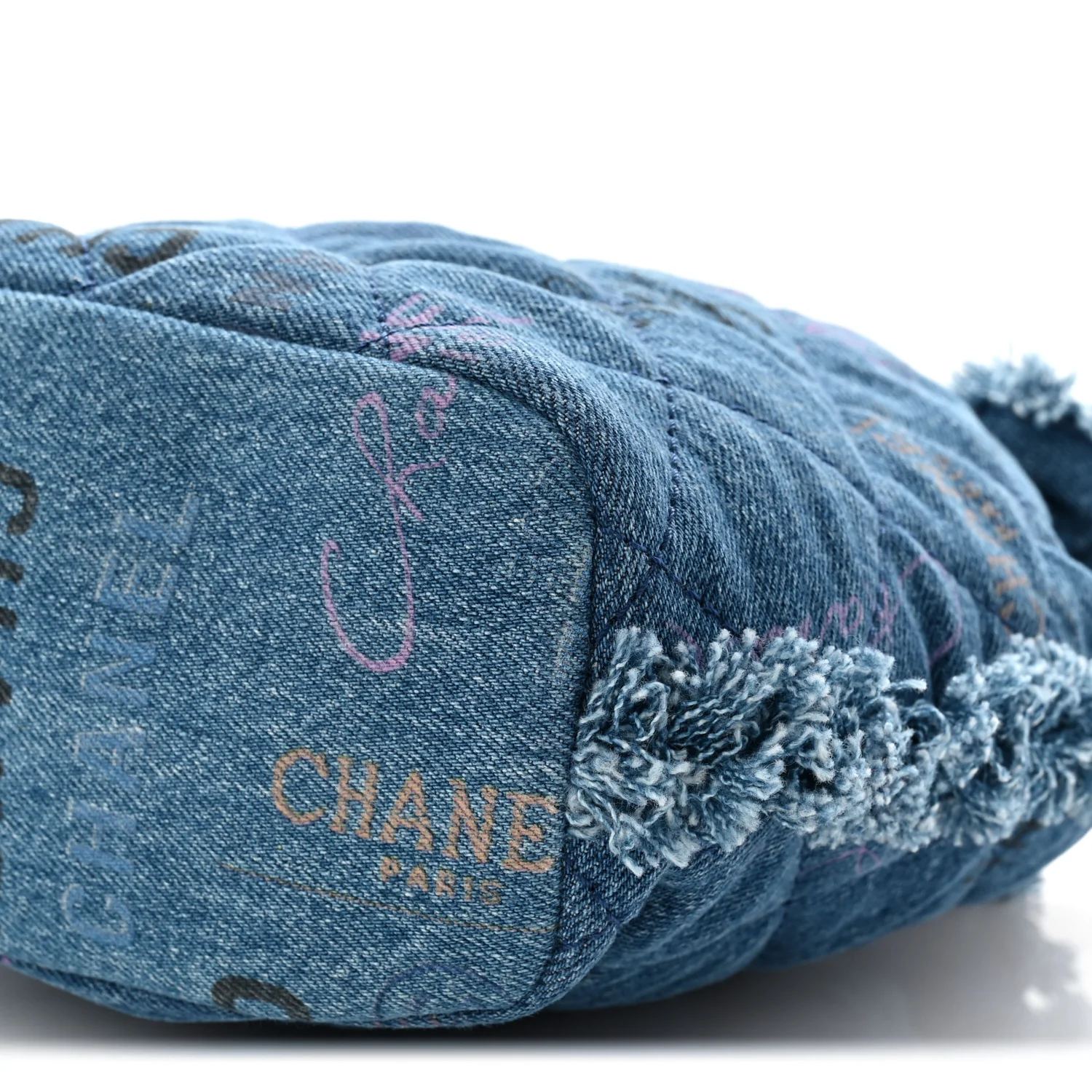 Denim Quilted Small Mood Bucket With Chain Blue Yellow Orange - Image 9