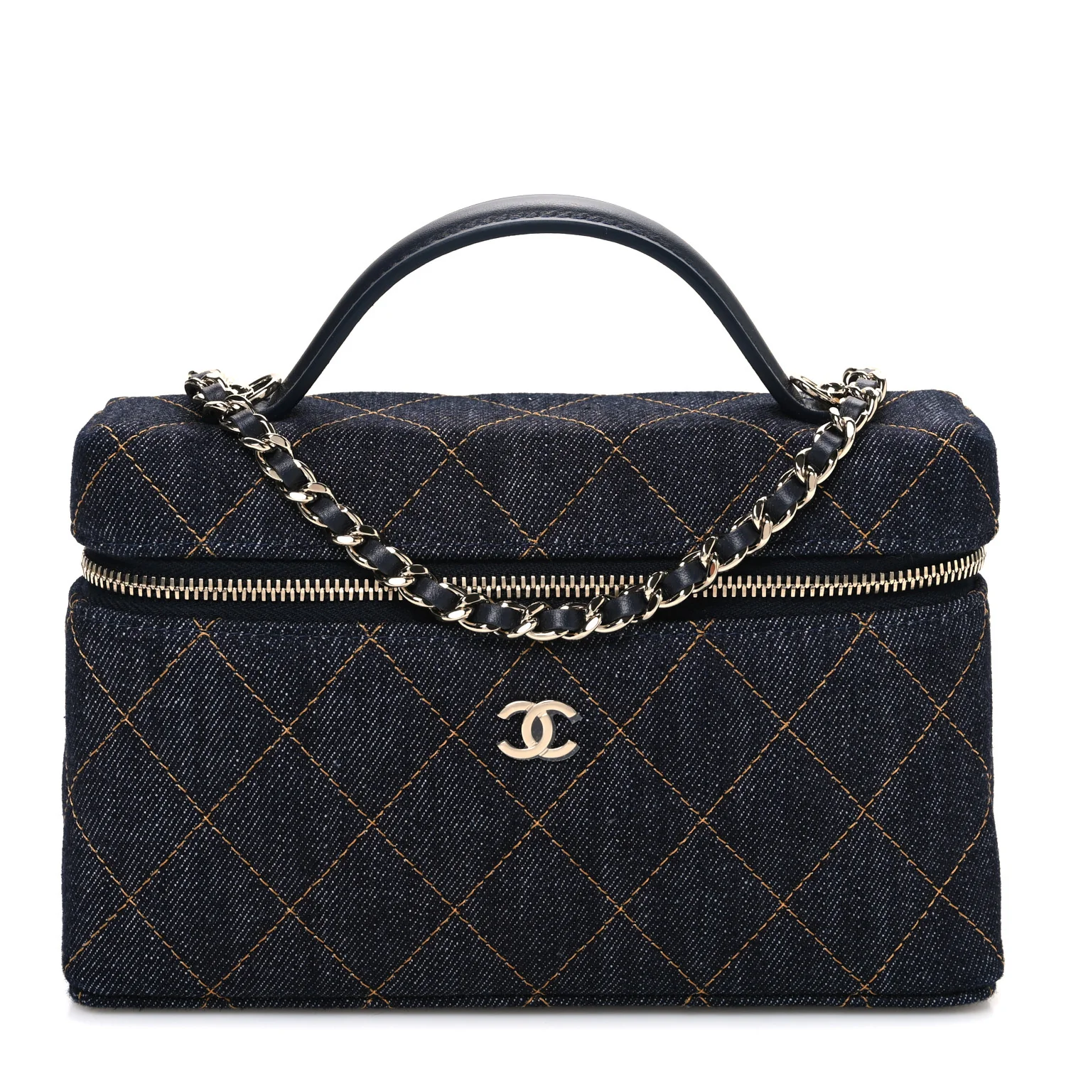 Denim Quilted Top Handle Slim Vanity Case With Chain Dark Blue Orange