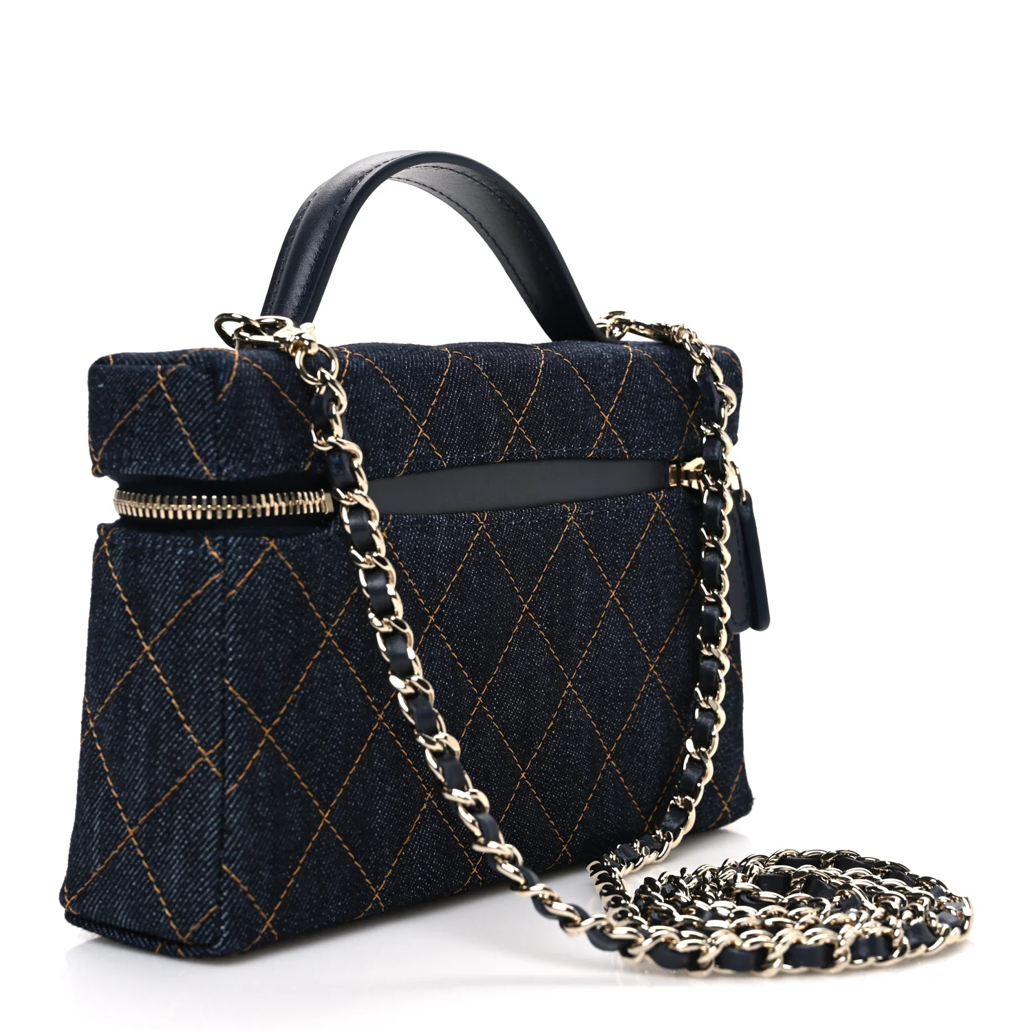 Denim Quilted Top Handle Slim Vanity Case With Chain Dark Blue Orange - Image 3