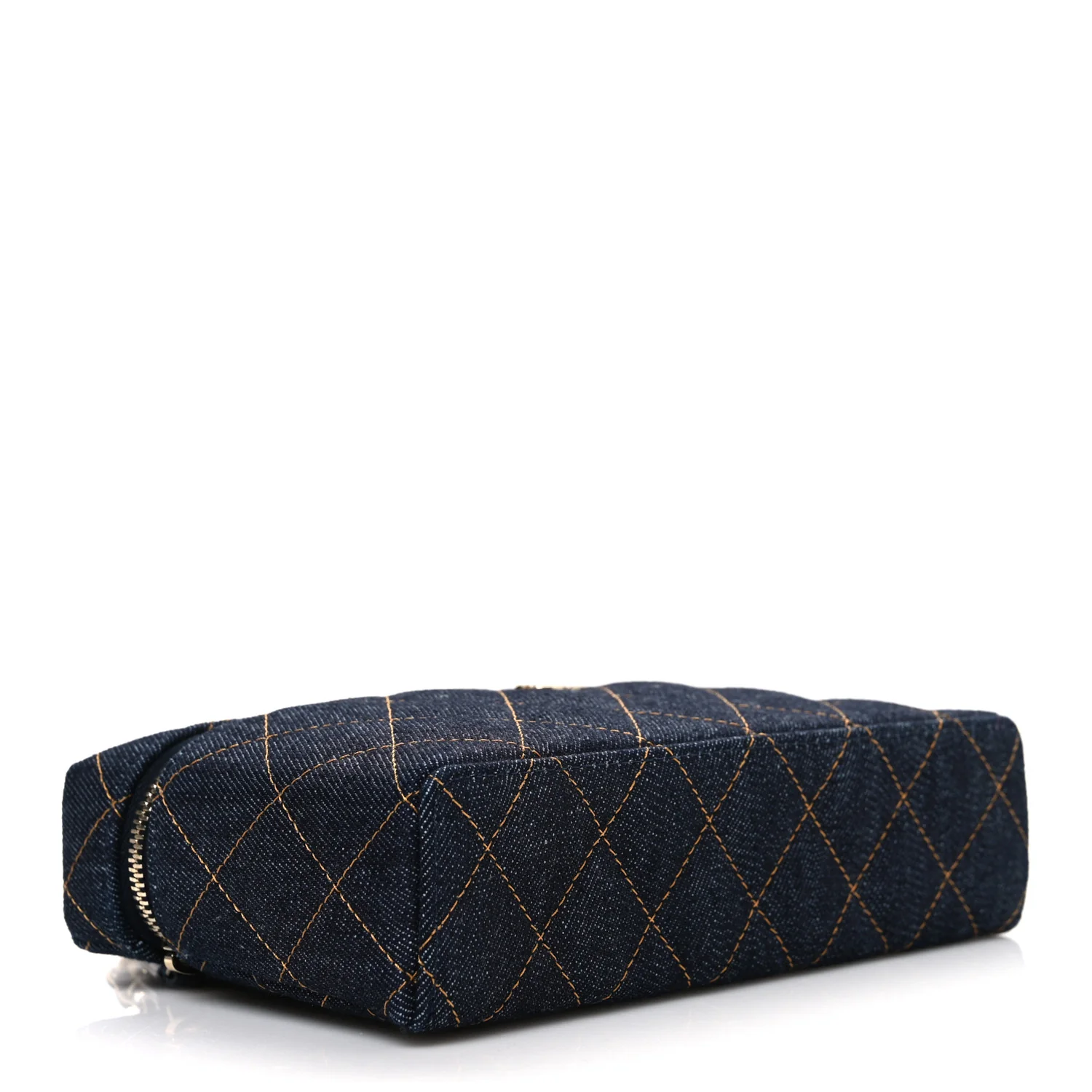 Denim Quilted Top Handle Slim Vanity Case With Chain Dark Blue Orange - Image 4