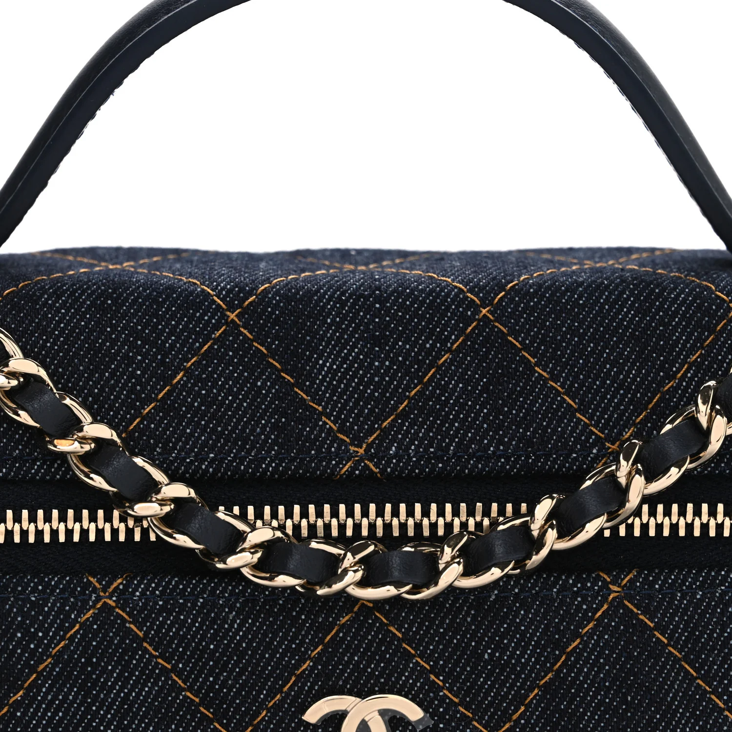 Denim Quilted Top Handle Slim Vanity Case With Chain Dark Blue Orange - Image 8