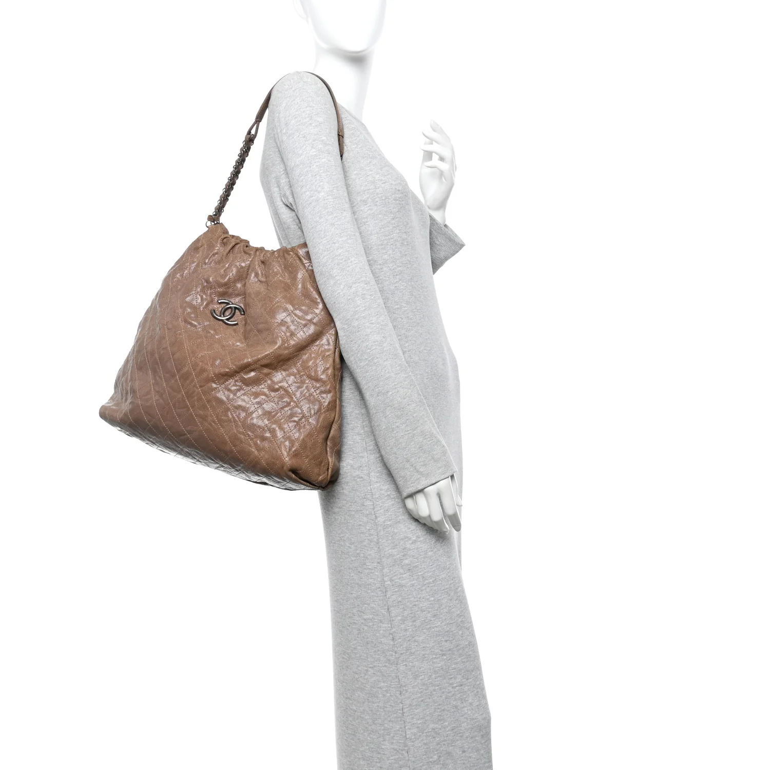 Distressed Glazed Caviar Quilted Large Elastic Tote Brown - Image 2
