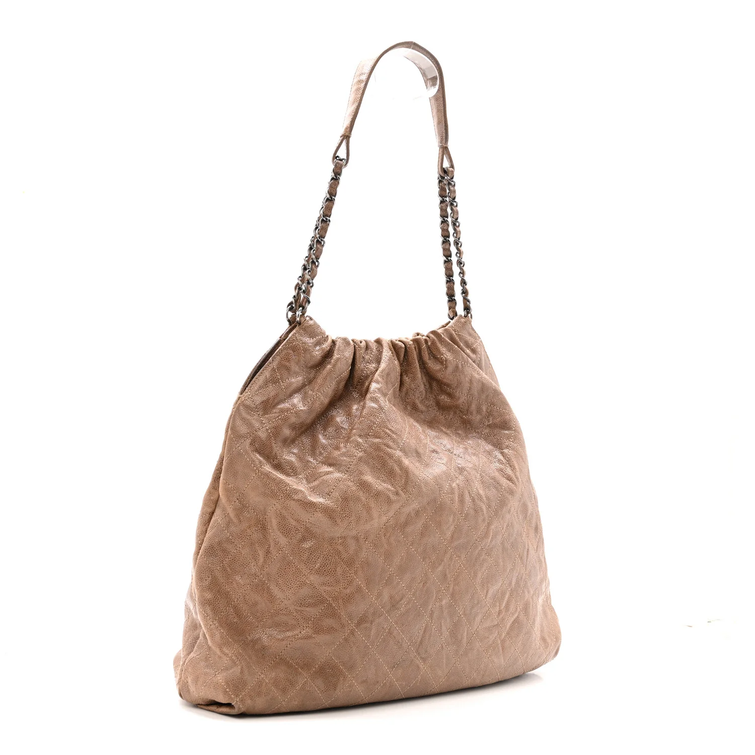 Distressed Glazed Caviar Quilted Large Elastic Tote Brown - Image 3