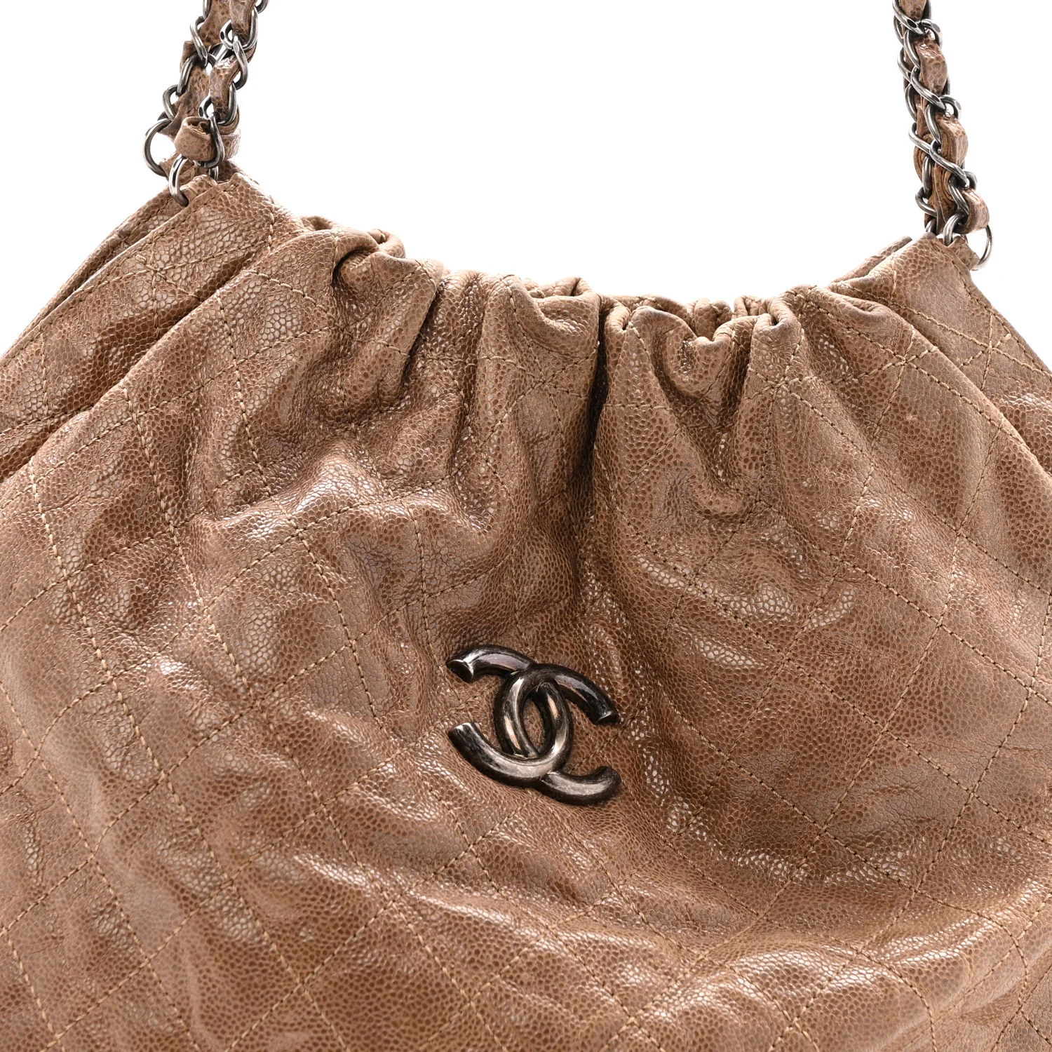 Distressed Glazed Caviar Quilted Large Elastic Tote Brown - Image 9