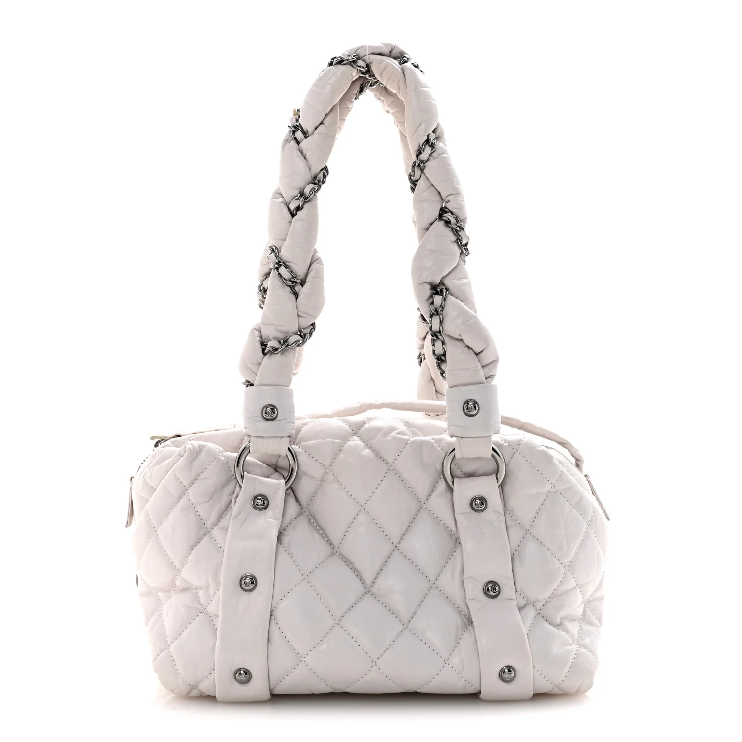 Distressed Lambskin Vintage Ligne Lady Braid Small Tote White