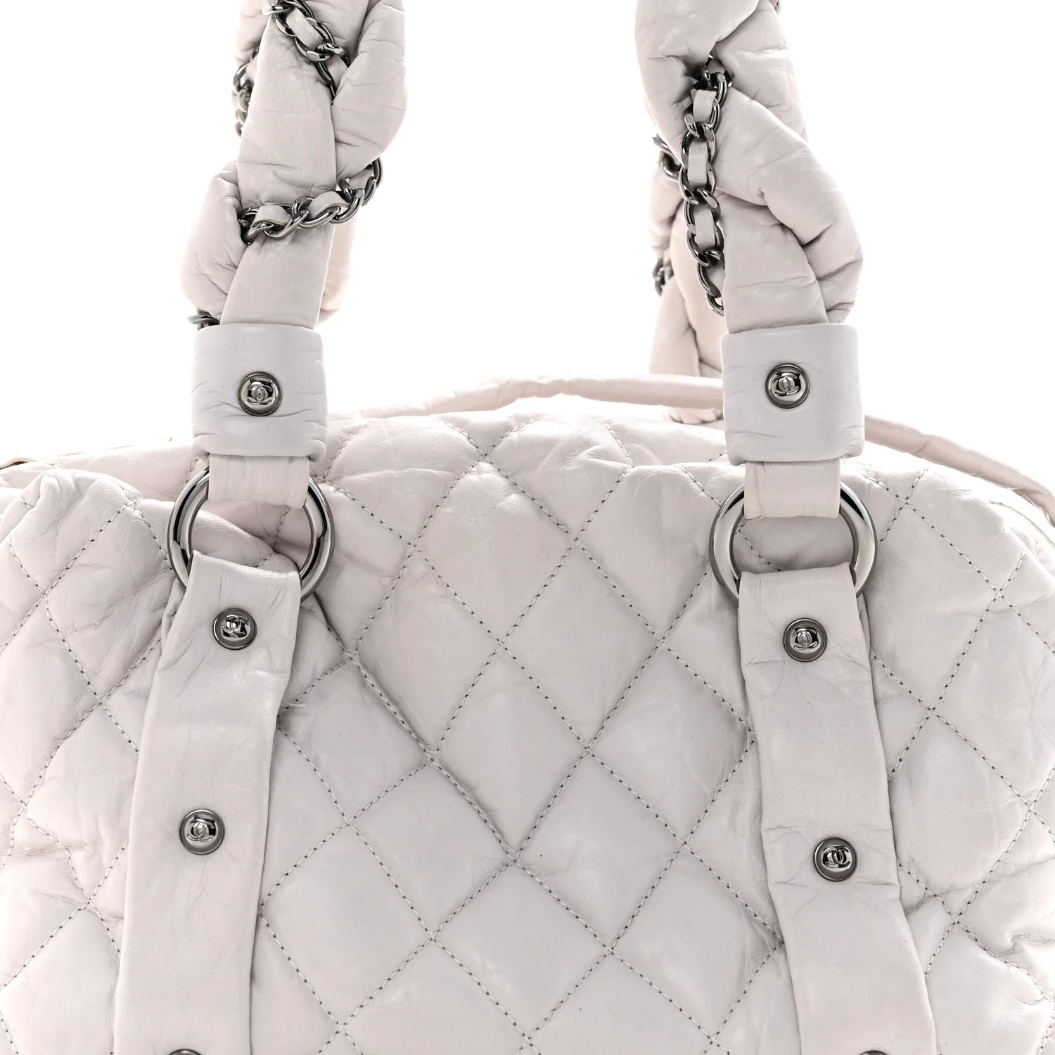 Distressed Lambskin Vintage Ligne Lady Braid Small Tote White - Image 8