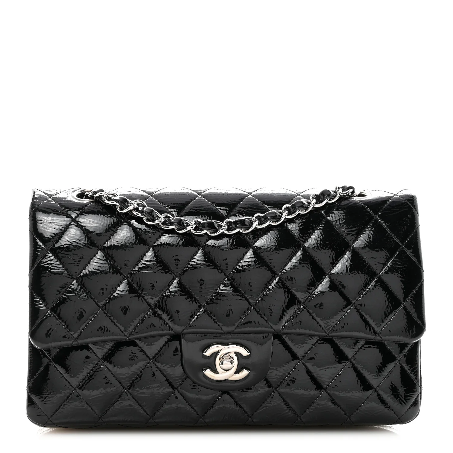 Distressed Patent Quilted Medium Double Flap Black