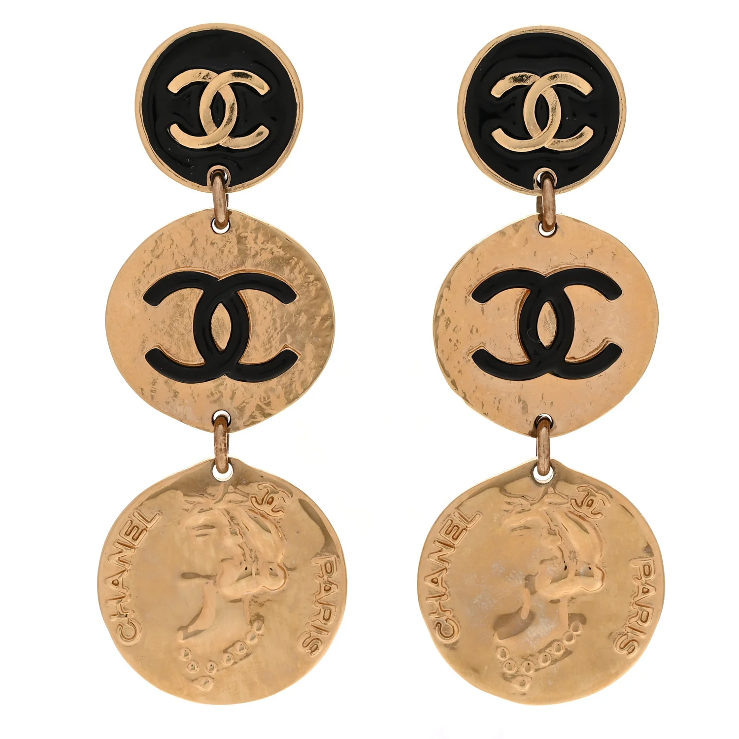 Enamel CC Disc Drop Medallion Earrings Gold Black