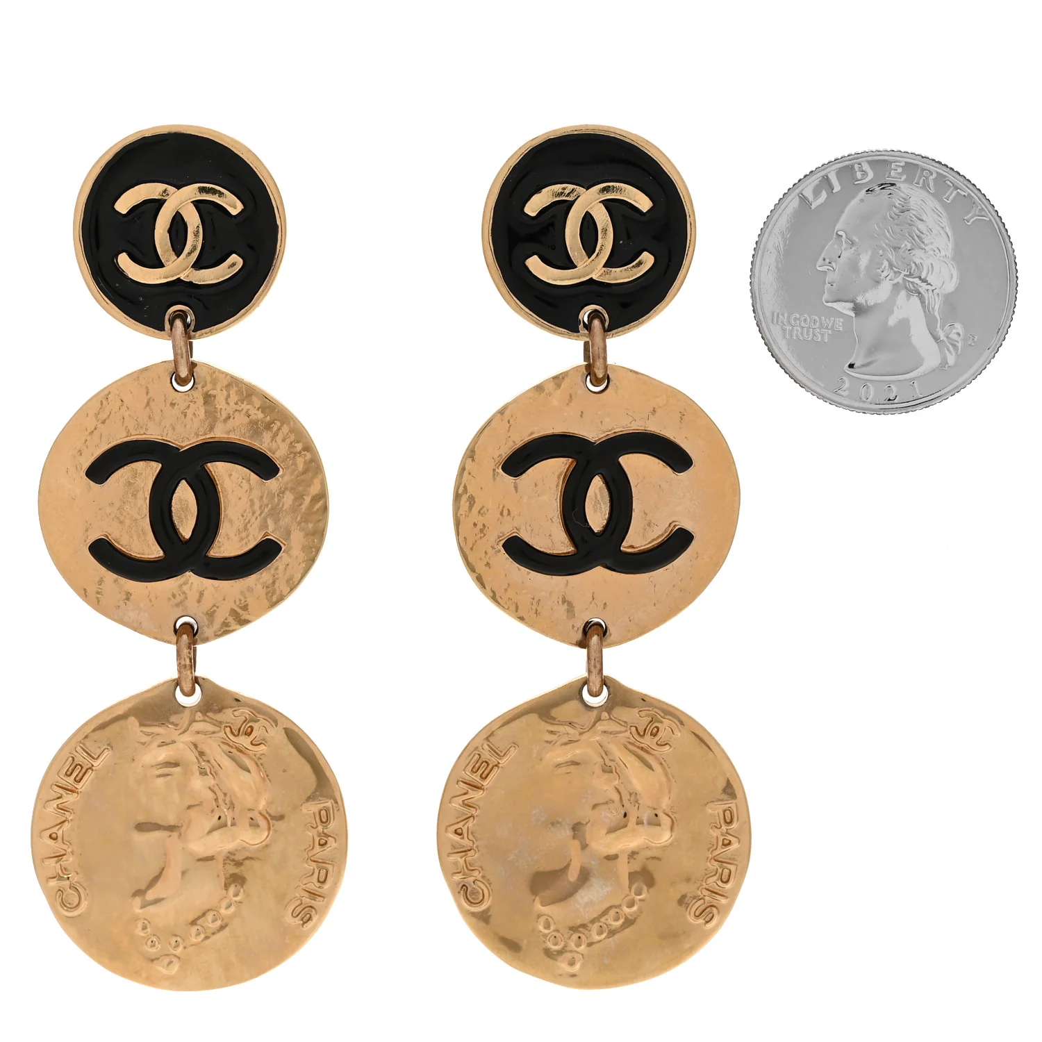 Enamel CC Disc Drop Medallion Earrings Gold Black - Image 2
