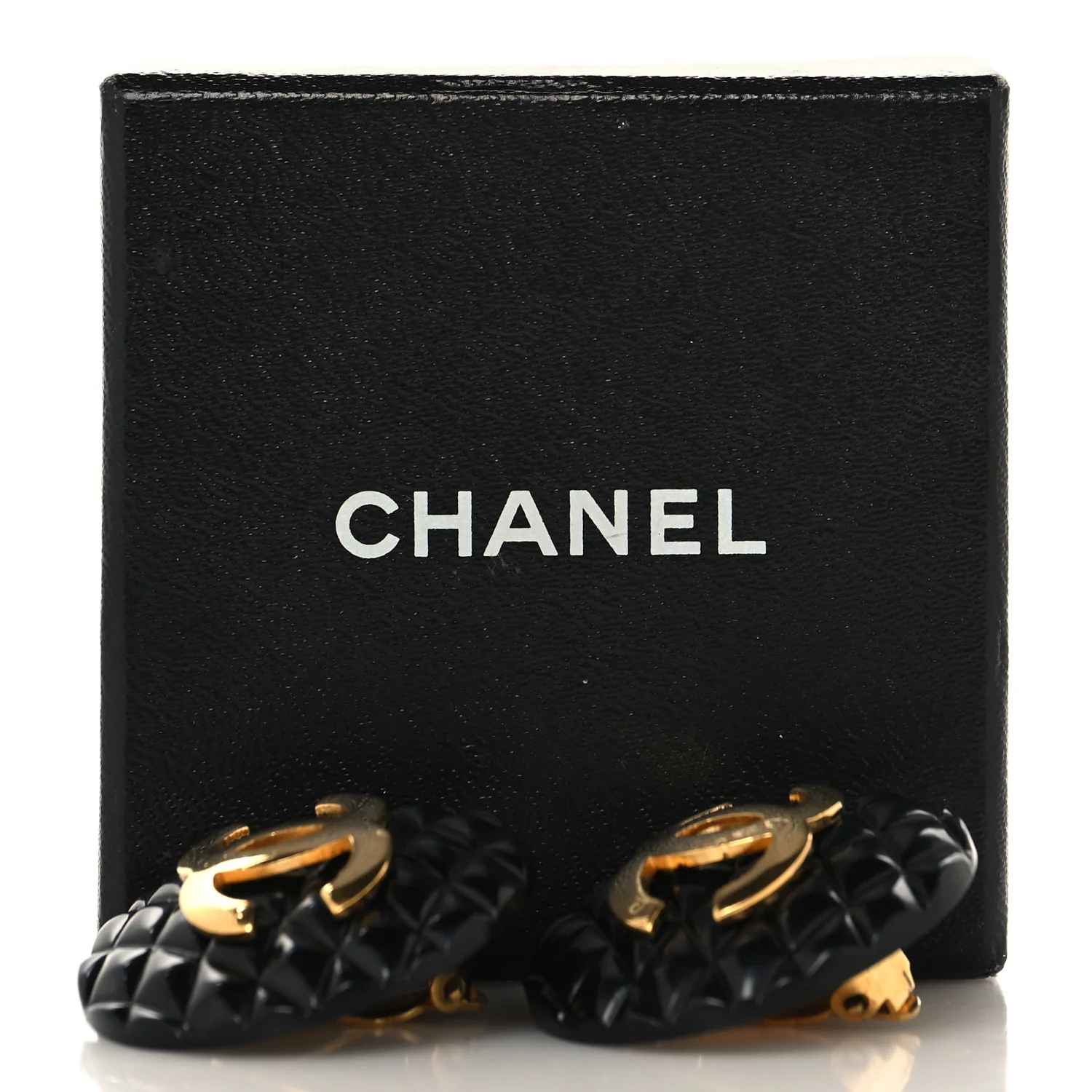 Enamel Quilted CC Clip On Earrings Black Gold - Image 10