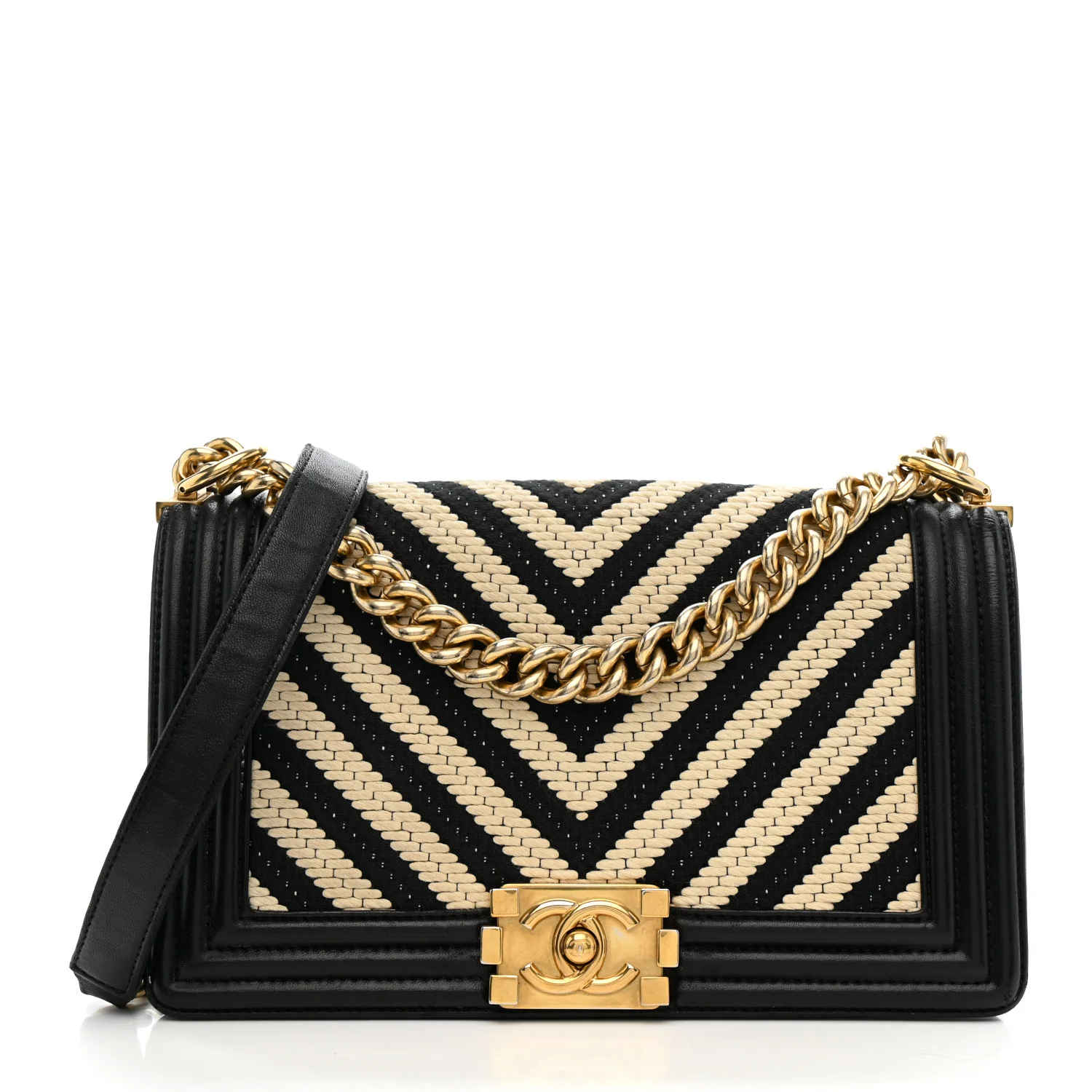 Fabric Chevron Braided Medium Boy Flap Black White