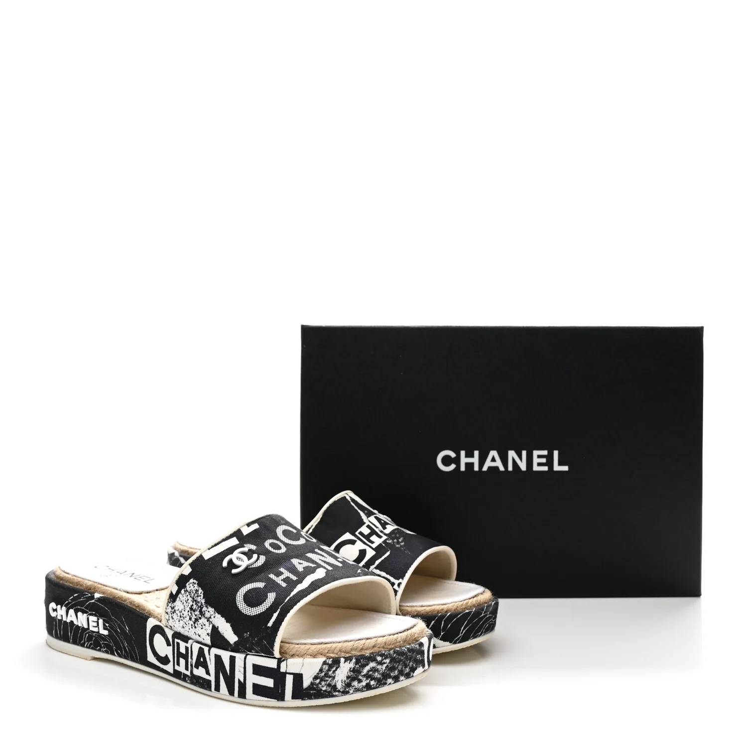 Fabric Grosgrain Printed CC Espadrille Slip On Sandals 40 Black White - Image 10