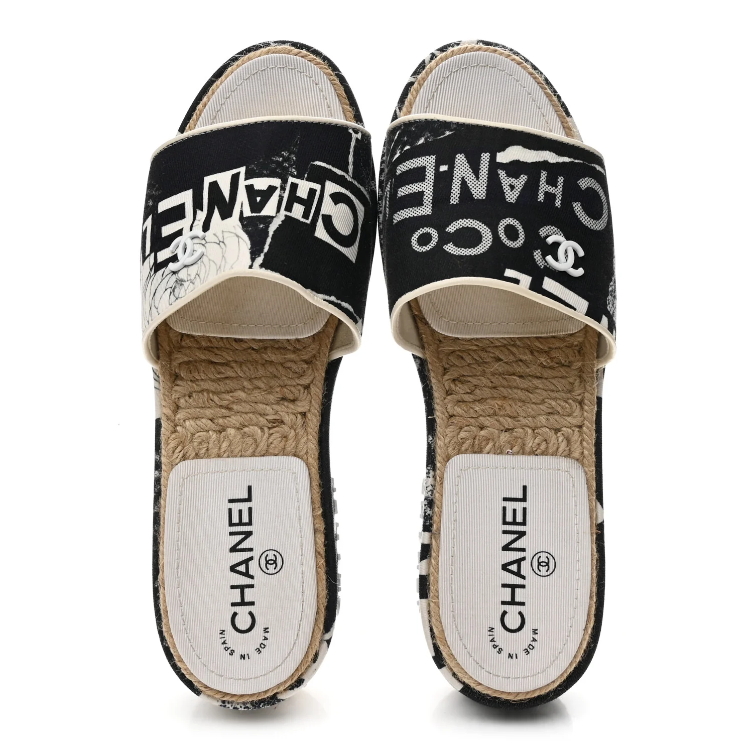 Fabric Grosgrain Printed CC Espadrille Slip On Sandals 40 Black White - Image 2