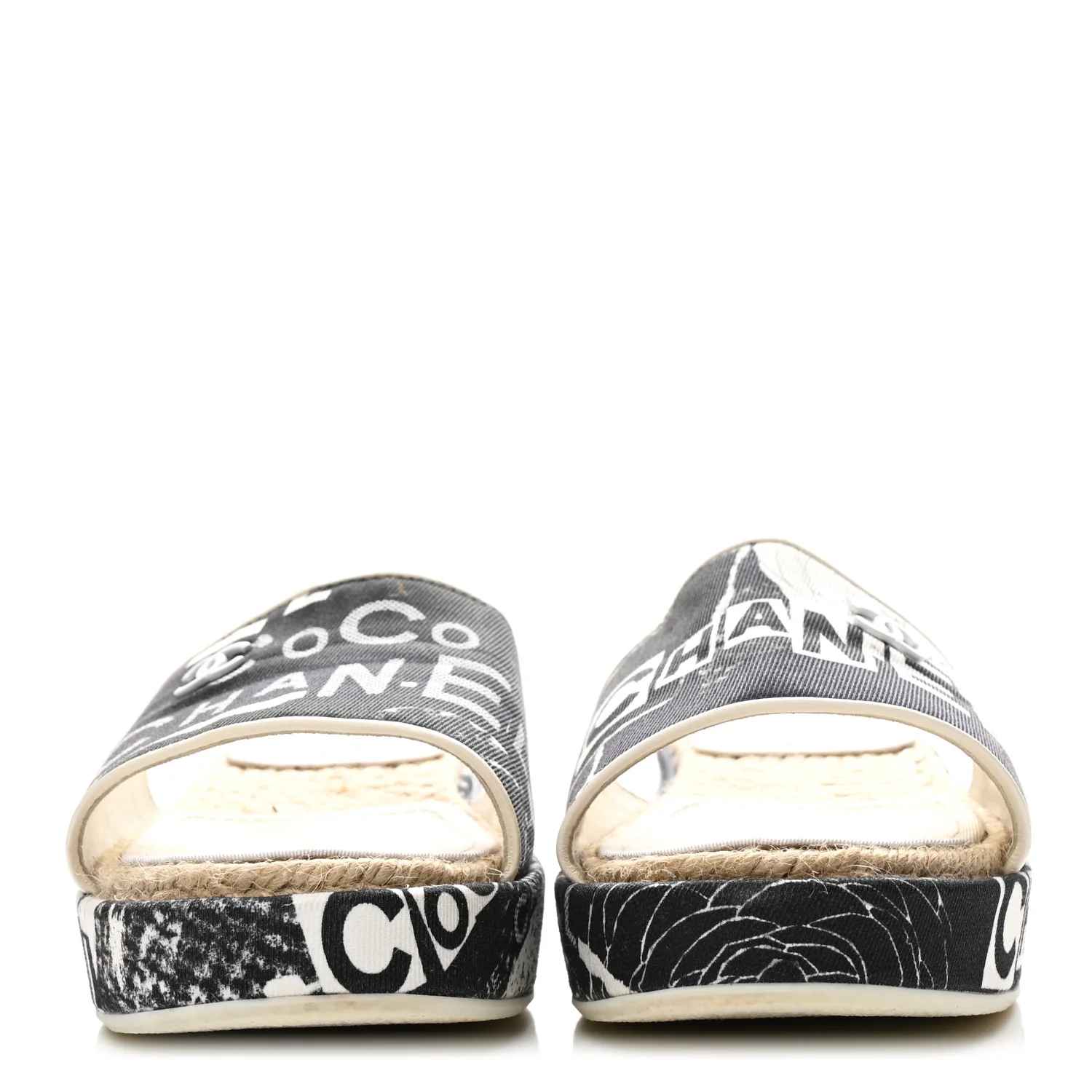 Fabric Grosgrain Printed CC Espadrille Slip On Sandals 40 Black White - Image 3