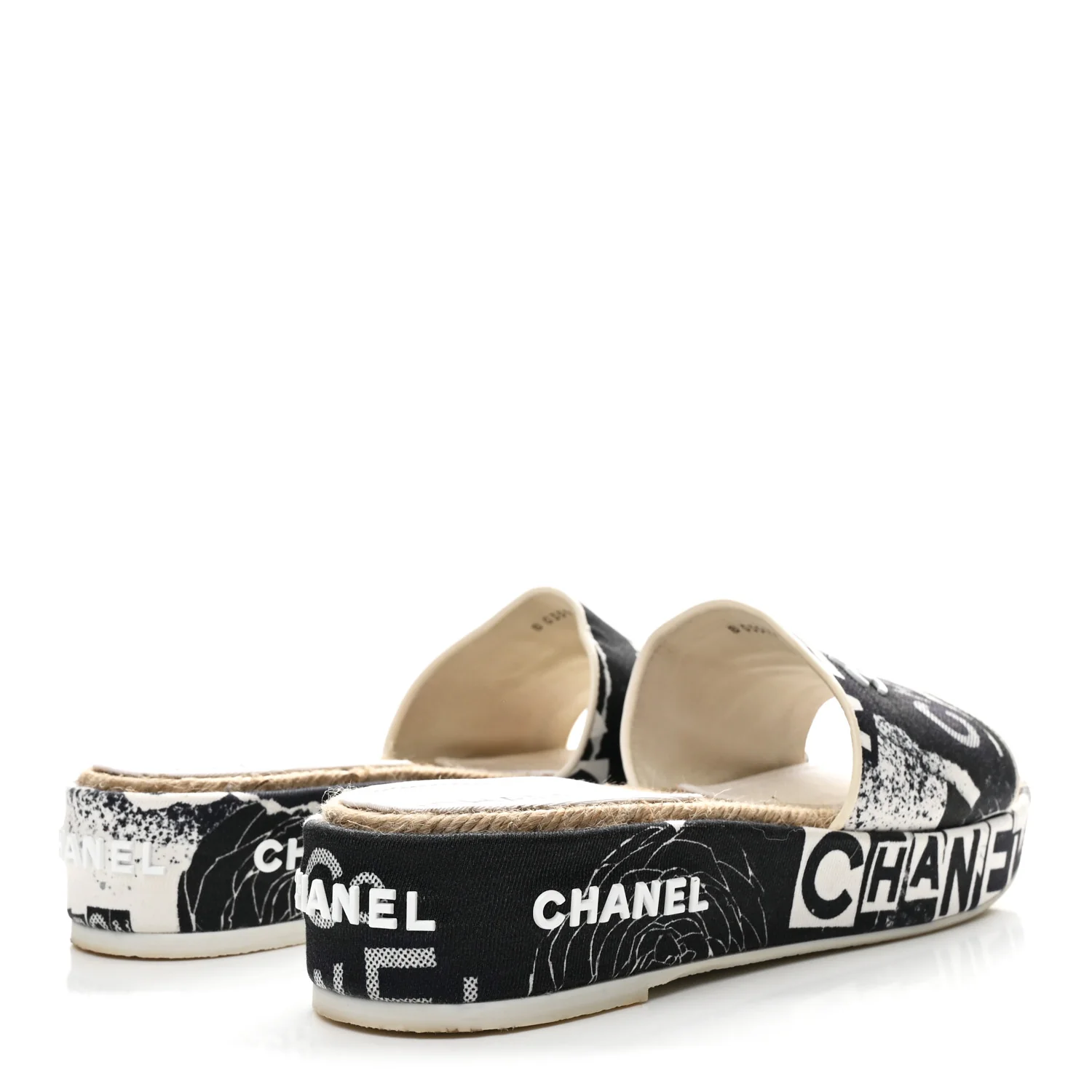 Fabric Grosgrain Printed CC Espadrille Slip On Sandals 40 Black White - Image 5