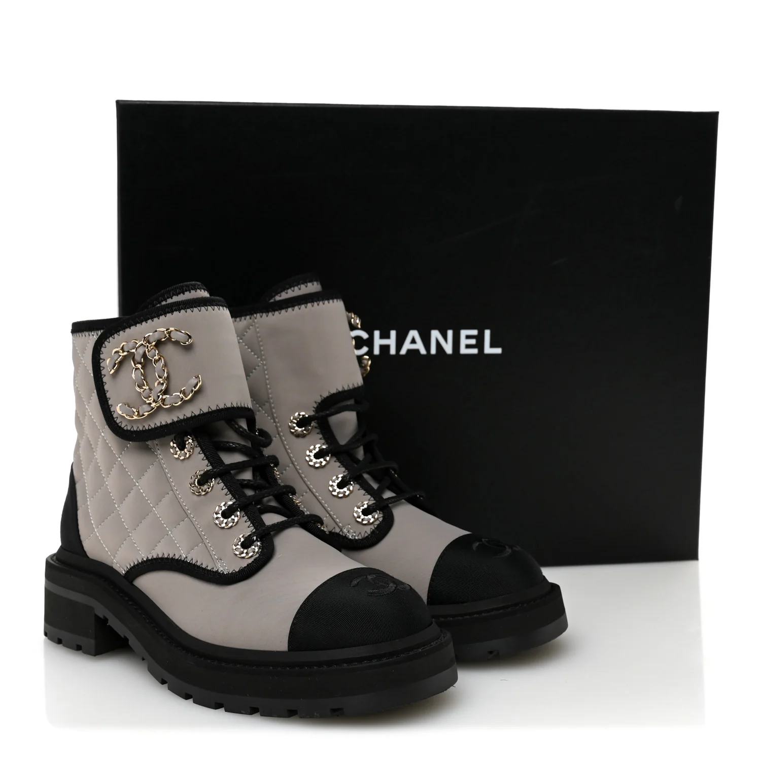 Fabric Grosgrain Quilted Cap Toe Lace Up Combat Boots 36 Gray - Image 10