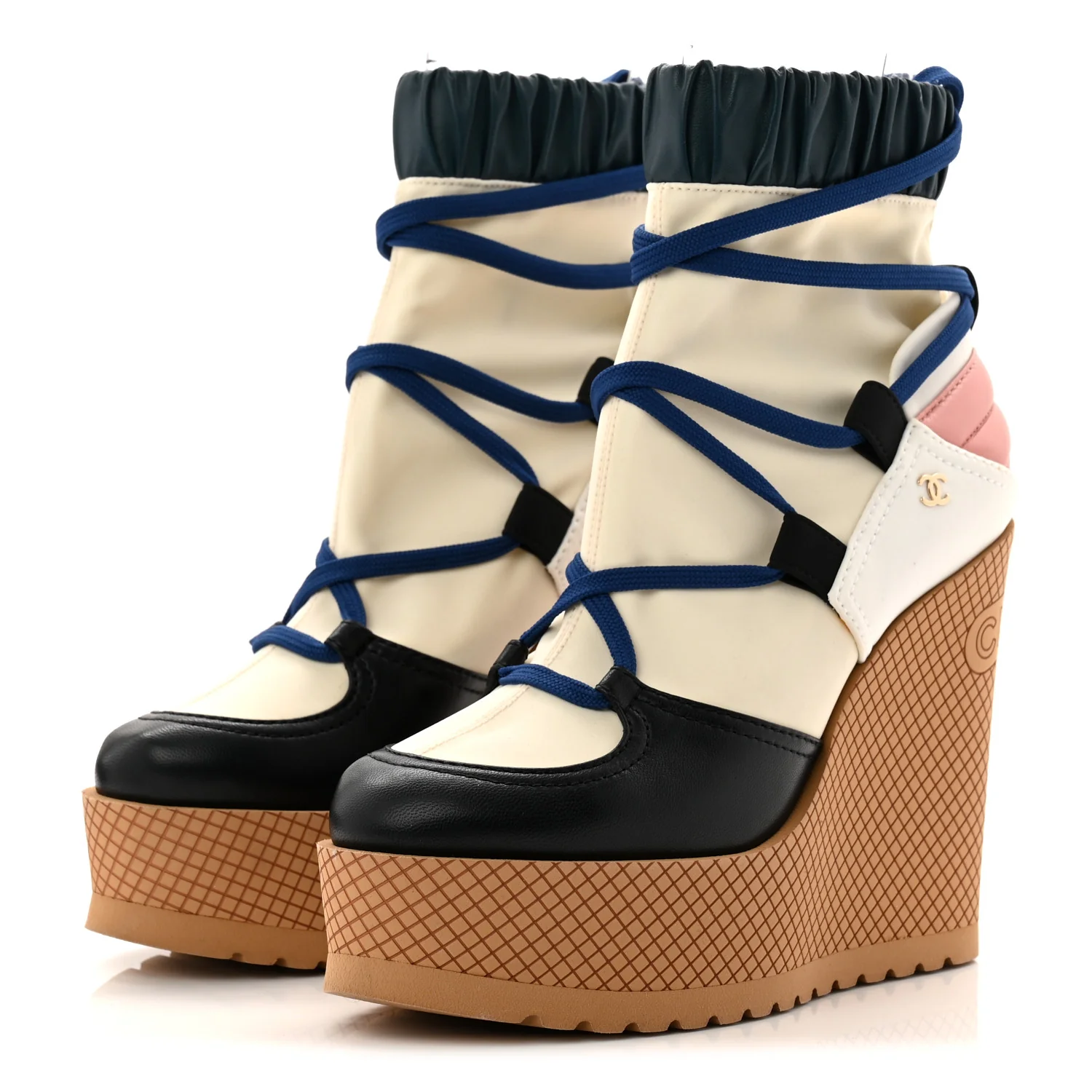 Fabric Lambskin Calfskin Runway Wedge Short Platform Boots 36 Blue White Pink - Image 3