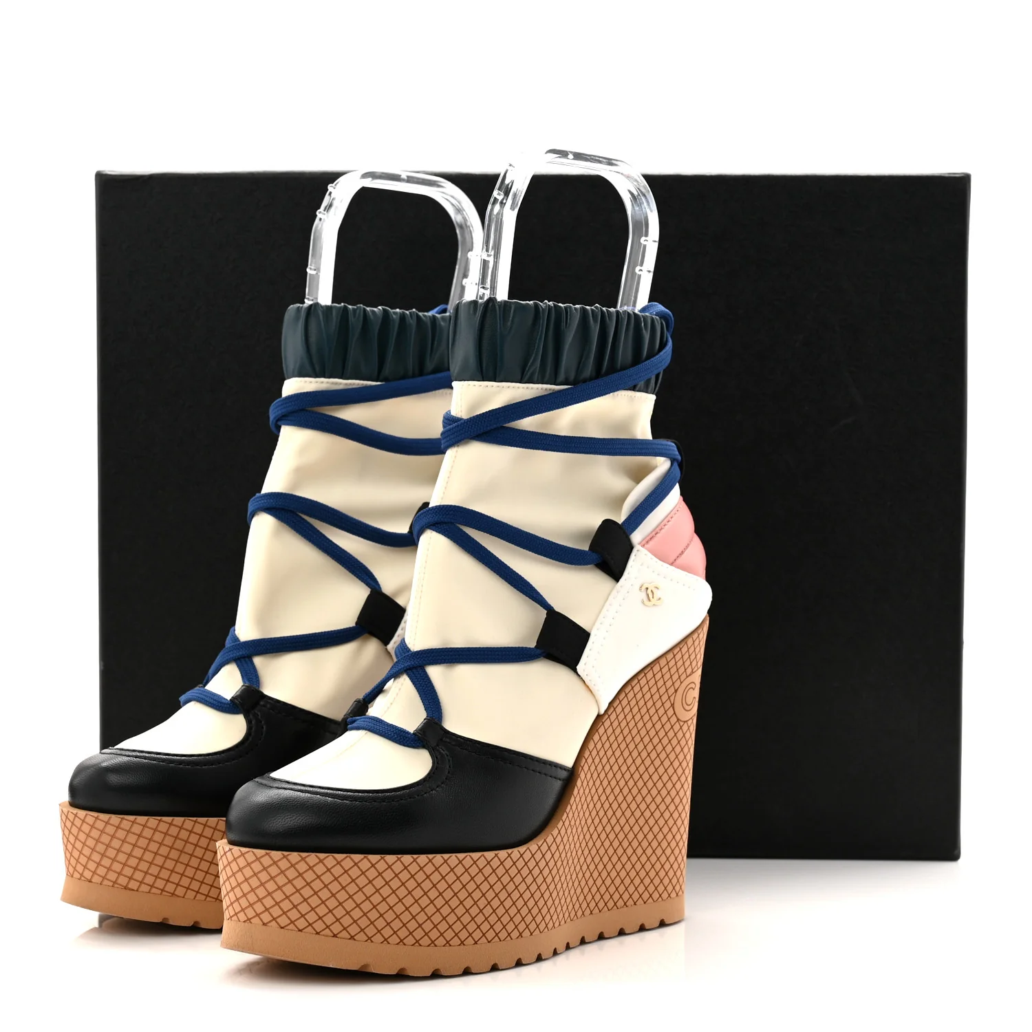 Fabric Lambskin Calfskin Runway Wedge Short Platform Boots 36 Blue White Pink - Image 8