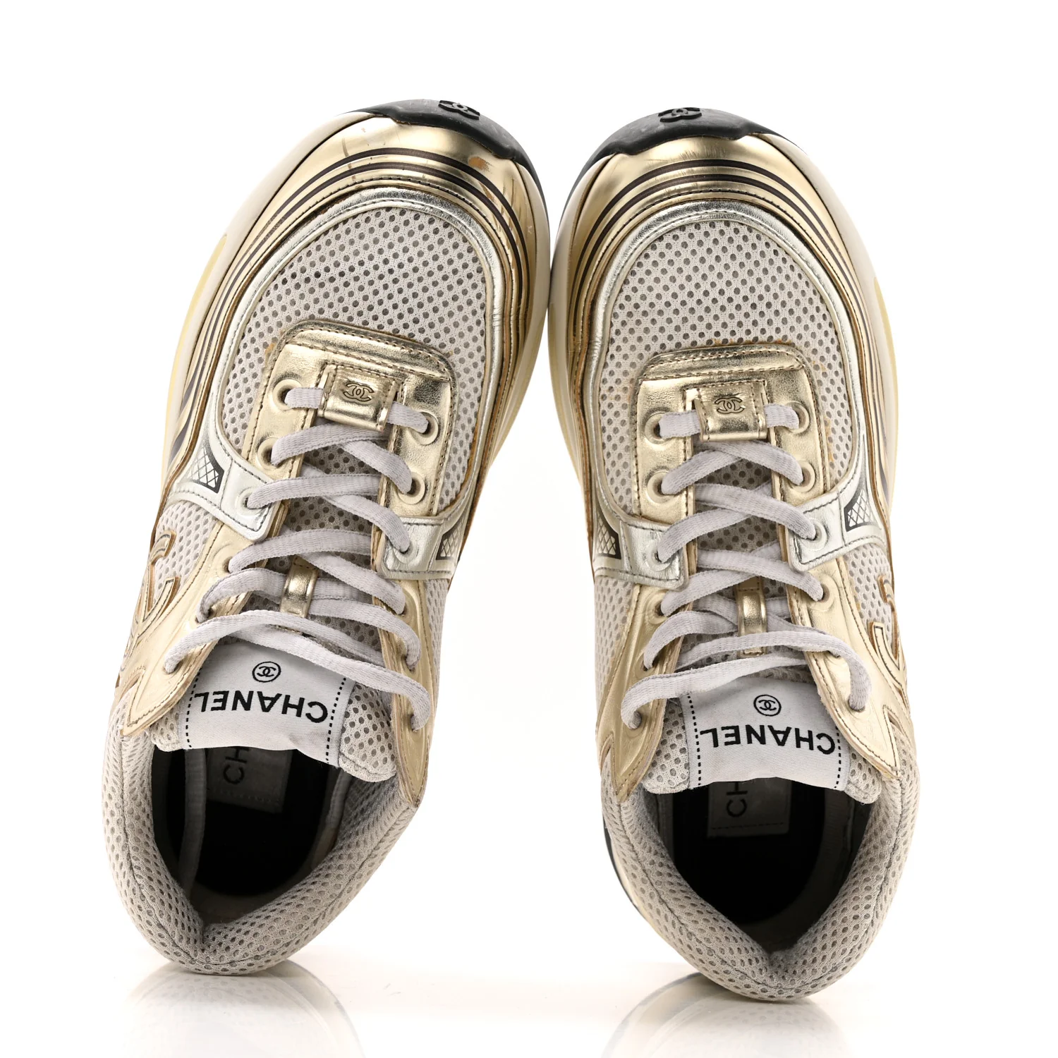 Fabric Laminated Calfskin Stretch CC Sneakers 36.5 White Gold Silver - Image 2