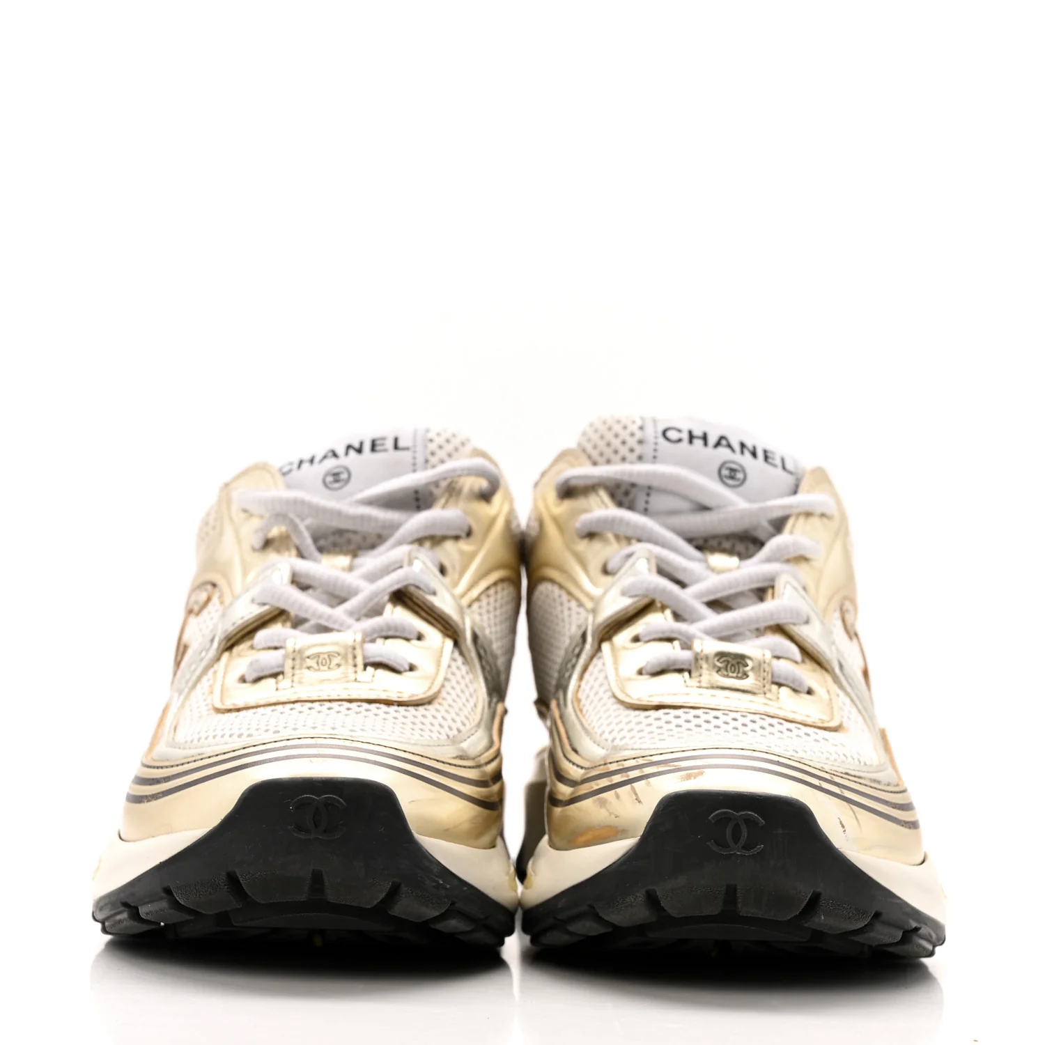 Fabric Laminated Calfskin Stretch CC Sneakers 36.5 White Gold Silver - Image 3