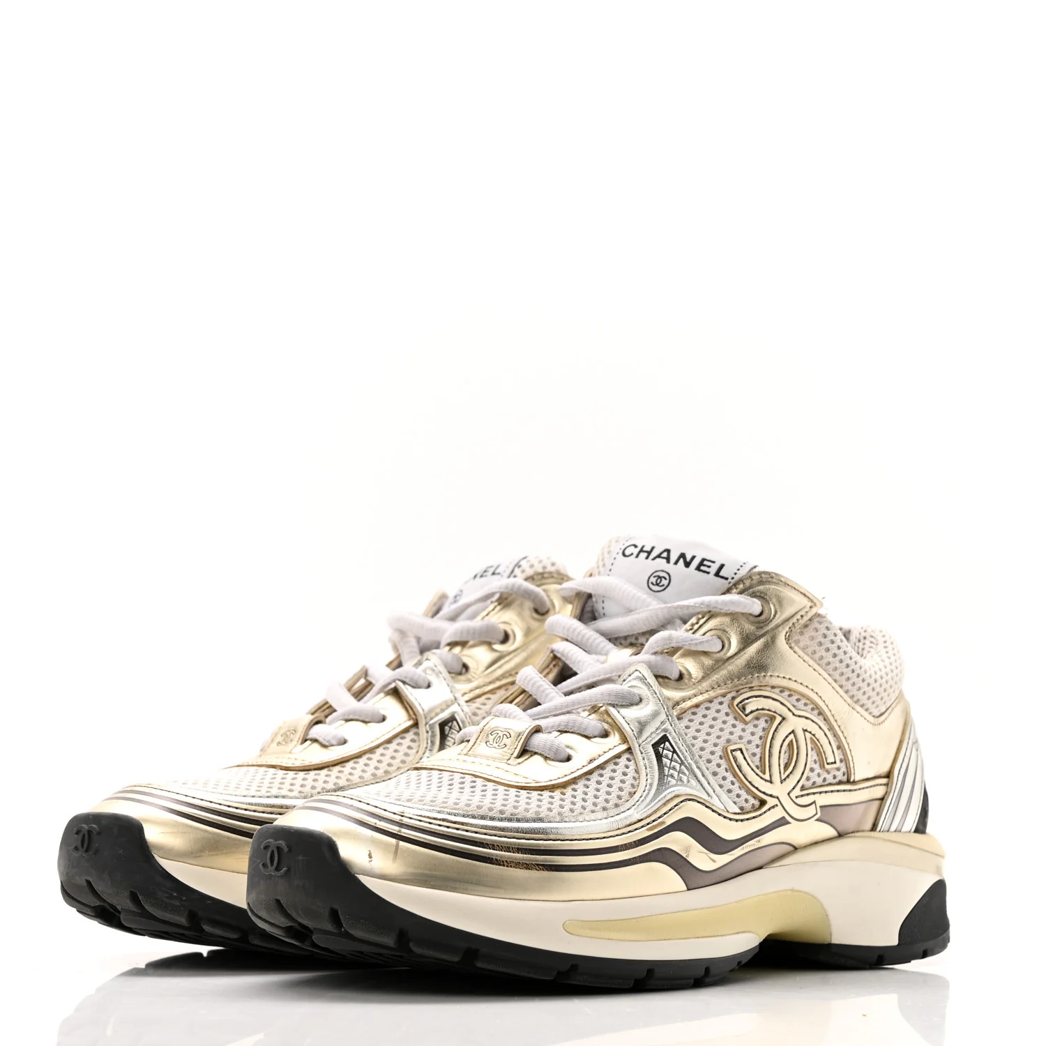 Fabric Laminated Calfskin Stretch CC Sneakers 36.5 White Gold Silver - Image 4