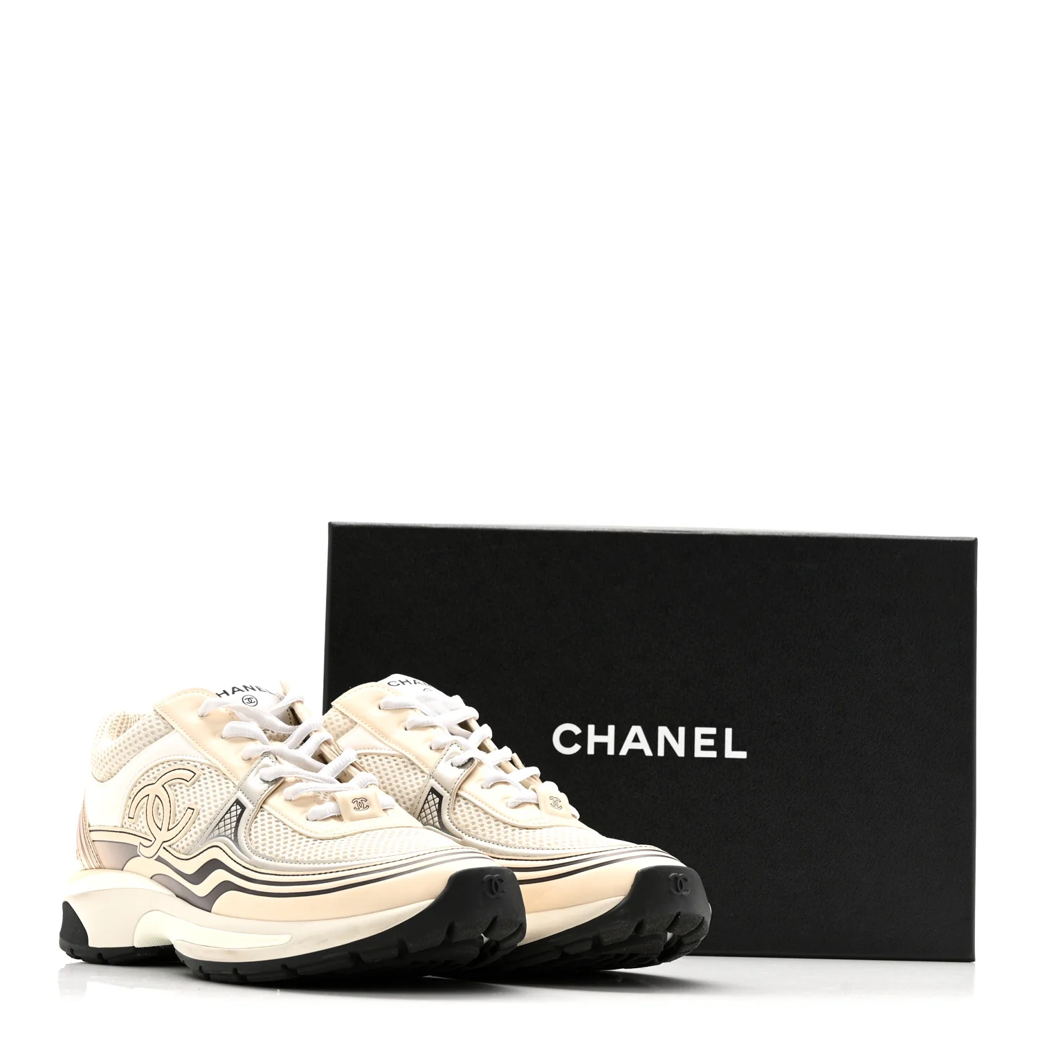 Fabric Laminated Calfskin Stretch CC Sneakers 37 Ivory White Silver - Image 14