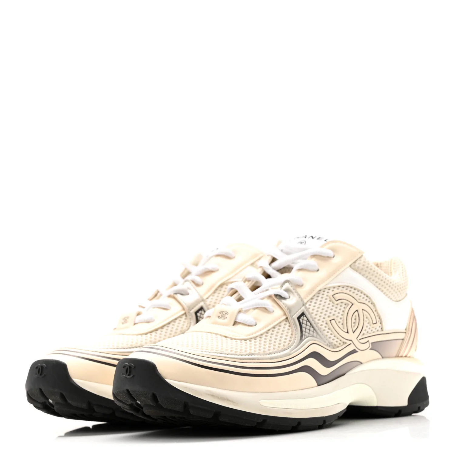 Fabric Laminated Calfskin Stretch CC Sneakers 37 Ivory White Silver - Image 4