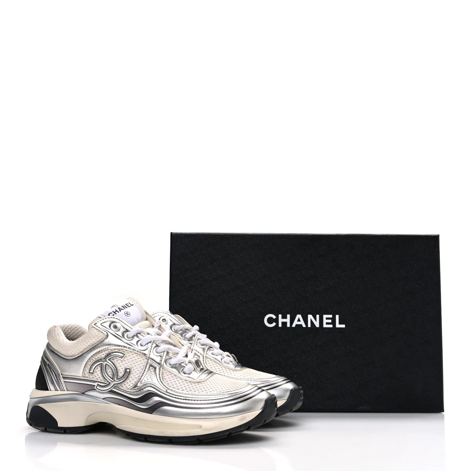 Fabric Laminated Calfskin Stretch CC Sneakers 37 White Silver - Image 12