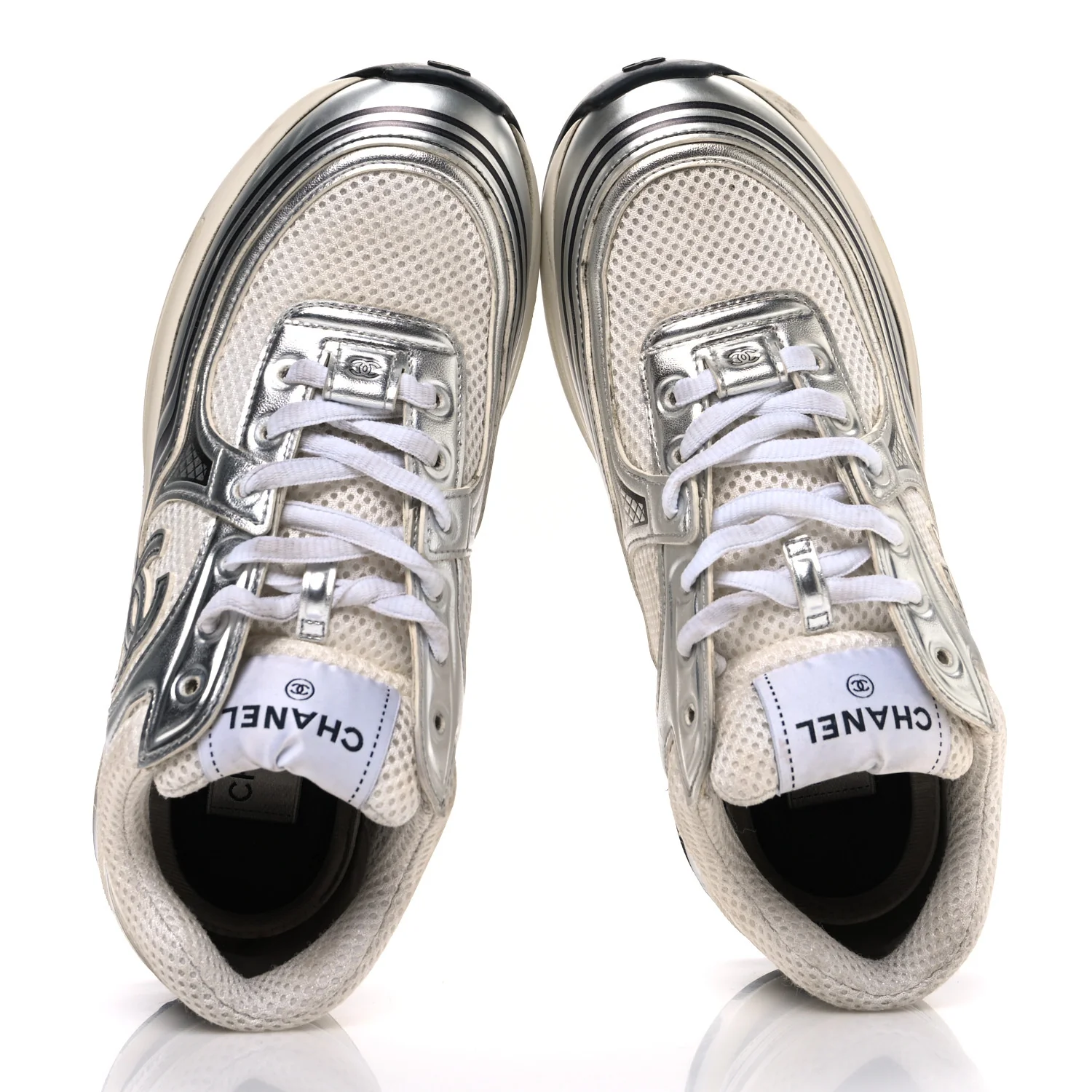 Fabric Laminated Calfskin Stretch CC Sneakers 37 White Silver - Image 2