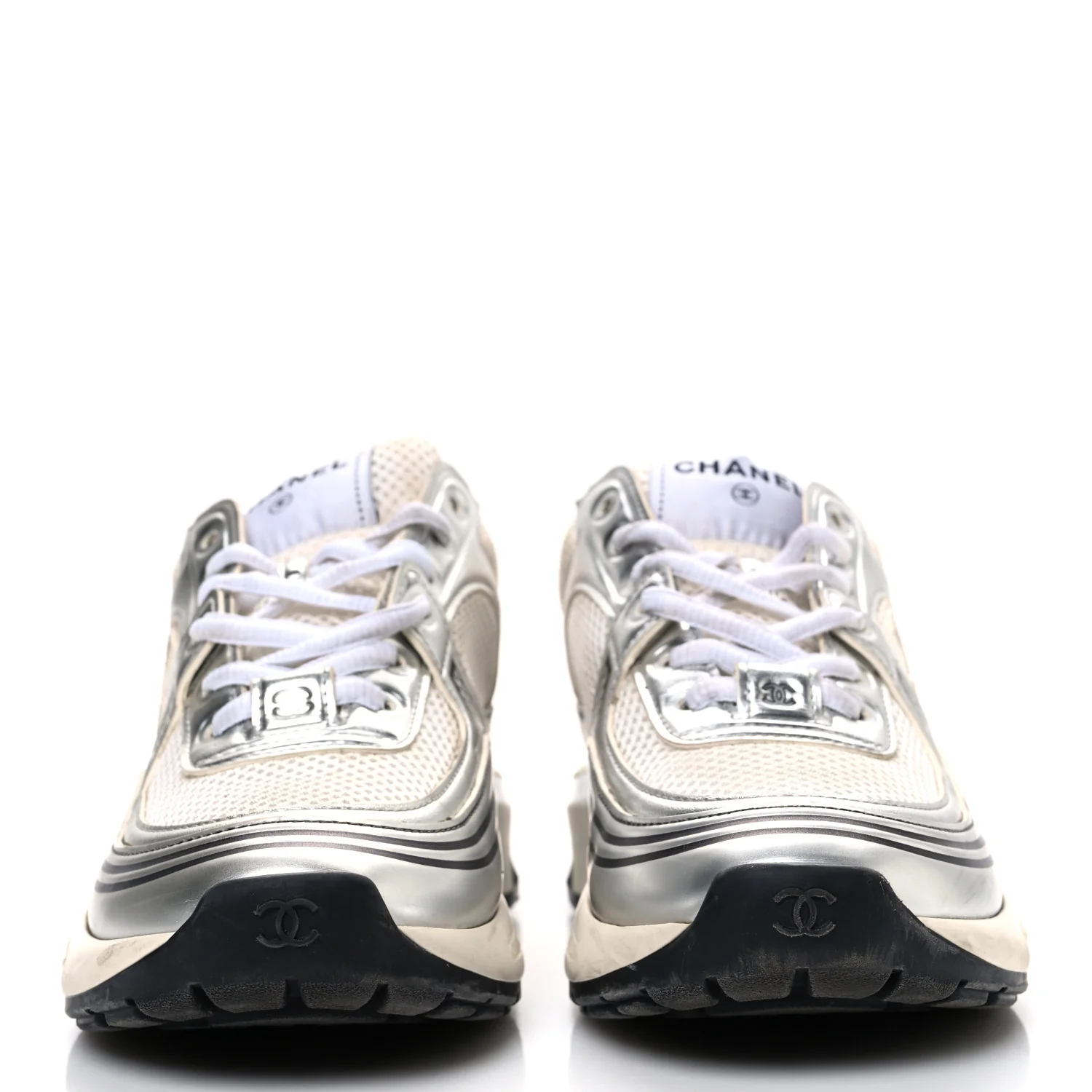 Fabric Laminated Calfskin Stretch CC Sneakers 37 White Silver - Image 3