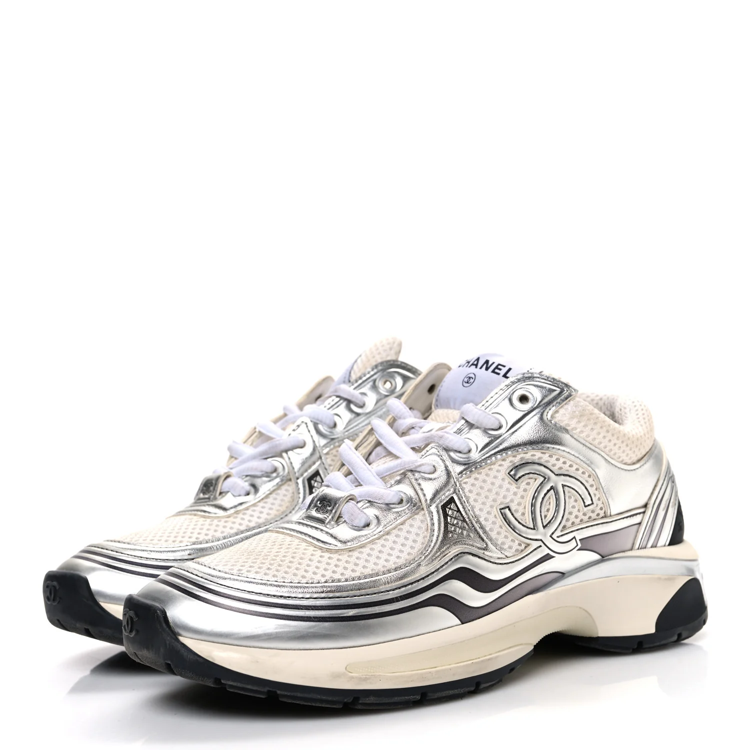 Fabric Laminated Calfskin Stretch CC Sneakers 37 White Silver - Image 4