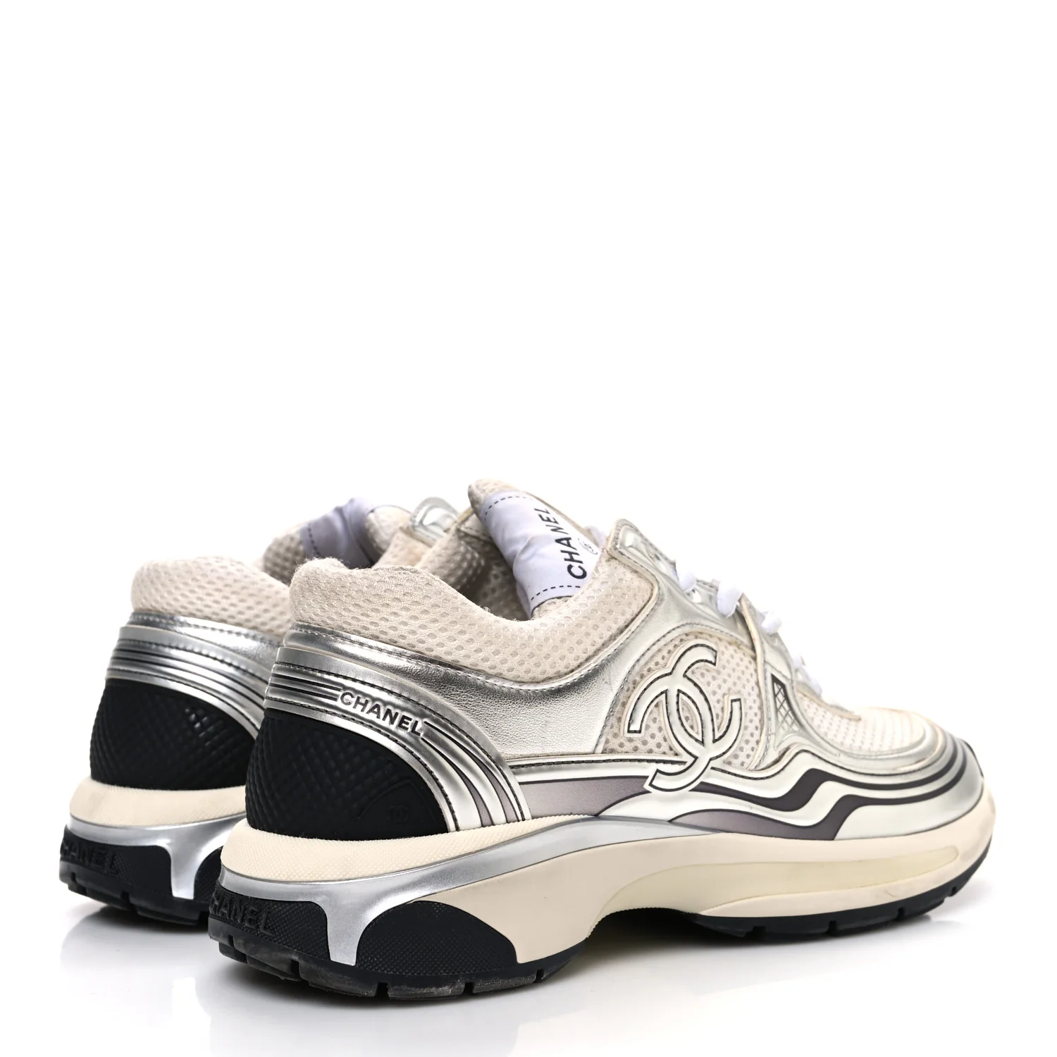 Fabric Laminated Calfskin Stretch CC Sneakers 37 White Silver - Image 5