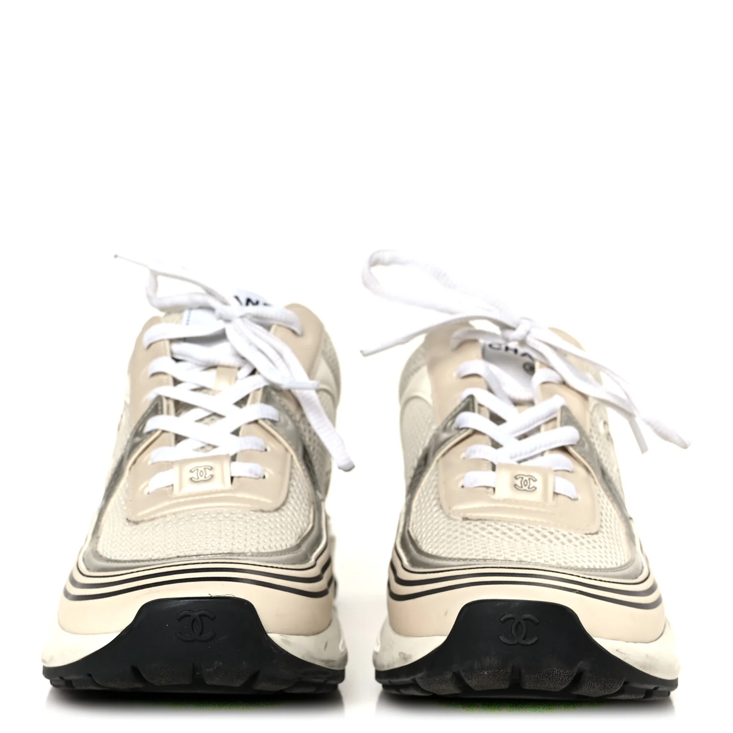 Fabric Laminated Calfskin Stretch CC Sneakers 40 Ivory Gold Silver - Image 3