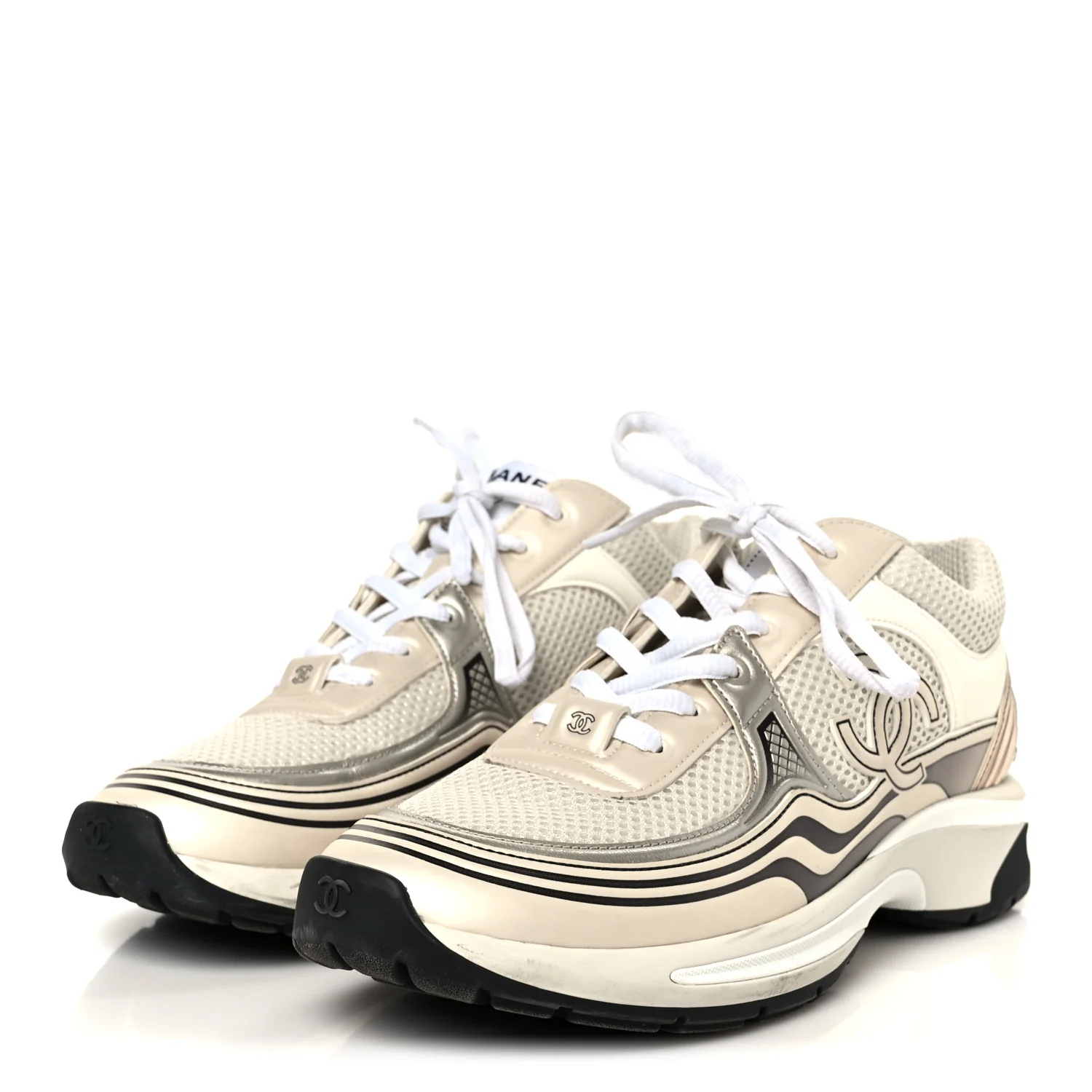 Fabric Laminated Calfskin Stretch CC Sneakers 40 Ivory Gold Silver - Image 4