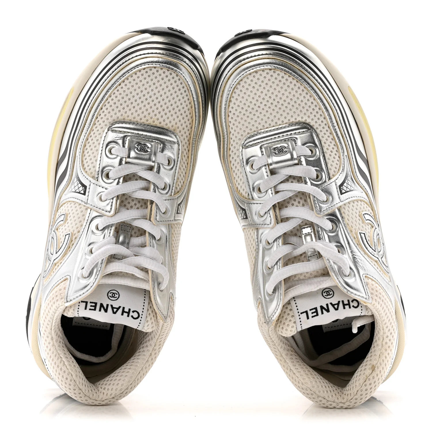 Fabric Laminated Calfskin Stretch CC Womens Sneakers 36 White Silver - Image 2