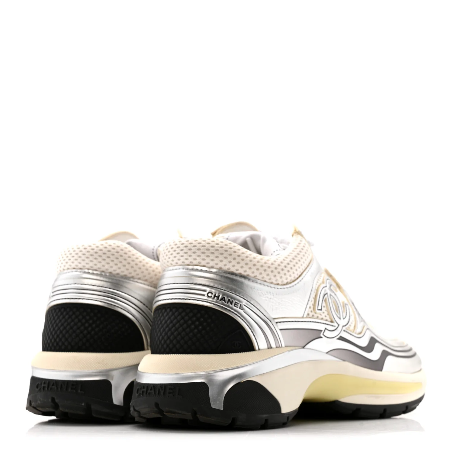 Fabric Laminated Calfskin Stretch CC Womens Sneakers 36 White Silver - Image 5