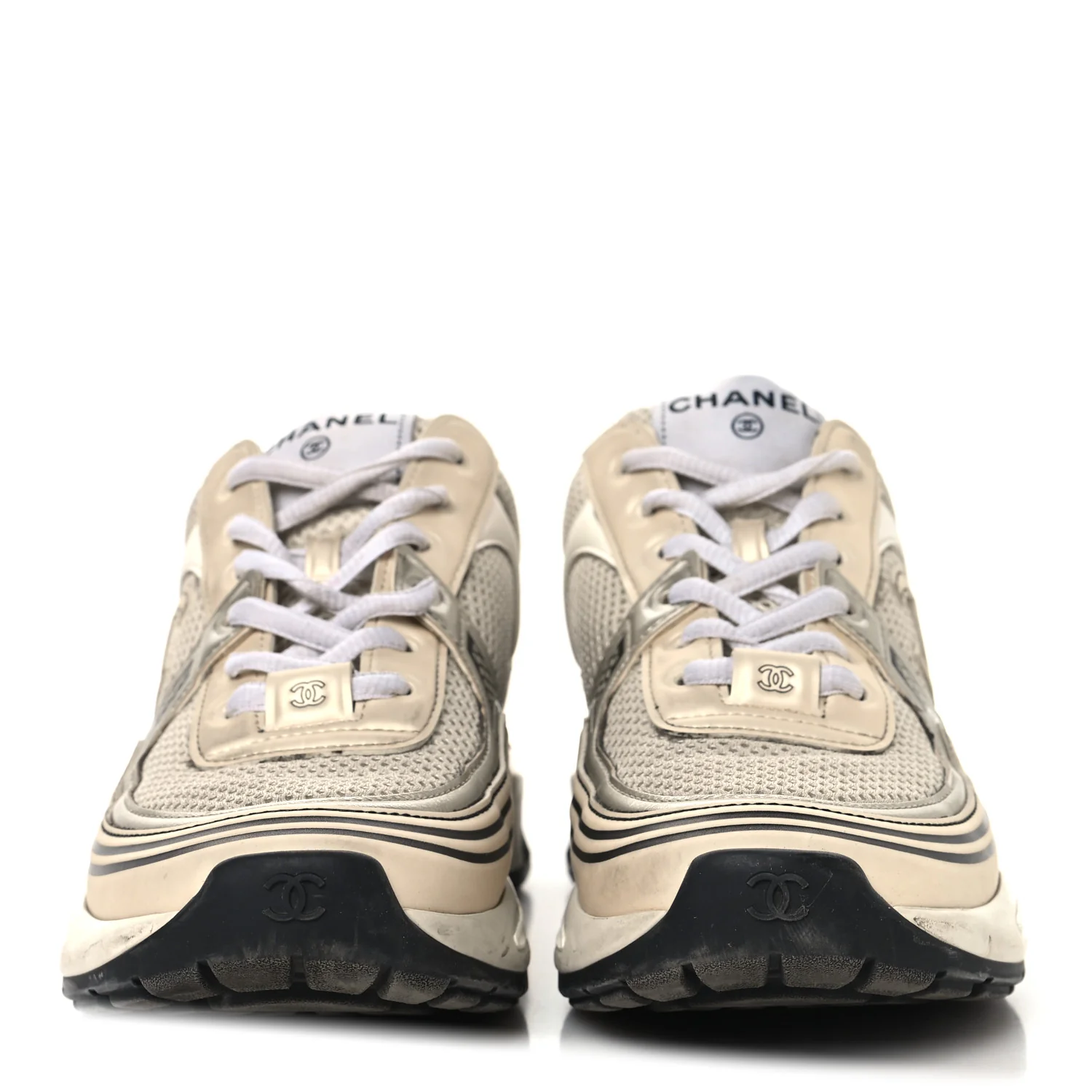 Fabric Laminated Calfskin Stretch CC Womens Sneakers 37 Ivory White Silver - Image 3