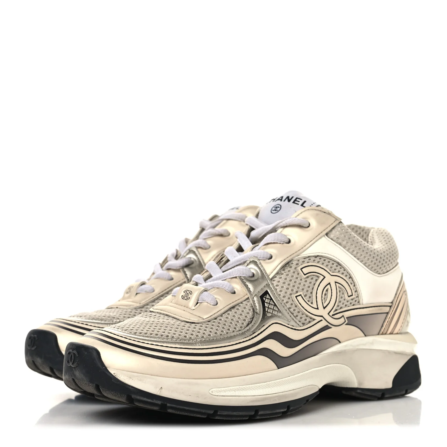 Fabric Laminated Calfskin Stretch CC Womens Sneakers 37 Ivory White Silver - Image 4