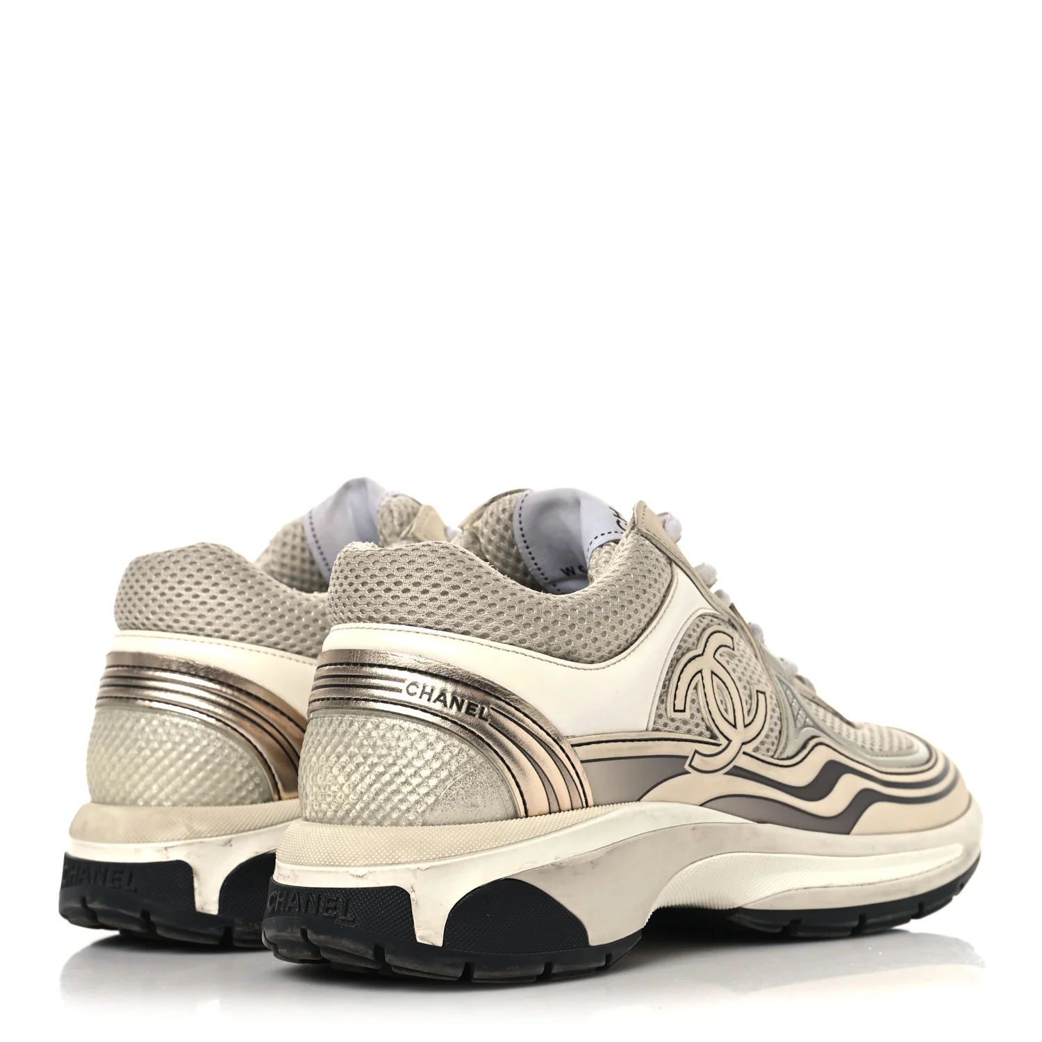 Fabric Laminated Calfskin Stretch CC Womens Sneakers 37 Ivory White Silver - Image 5
