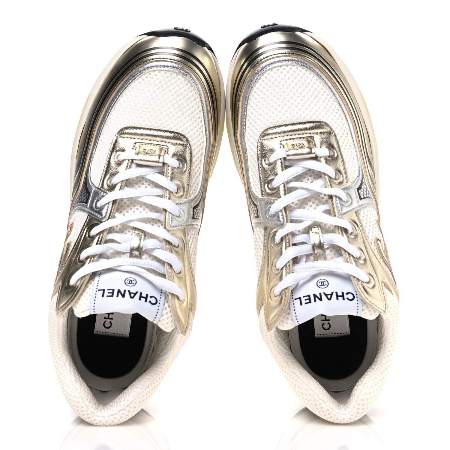 Fabric Laminated Calfskin Stretch CC Womens Sneakers 39.5 White Silver - Image 2