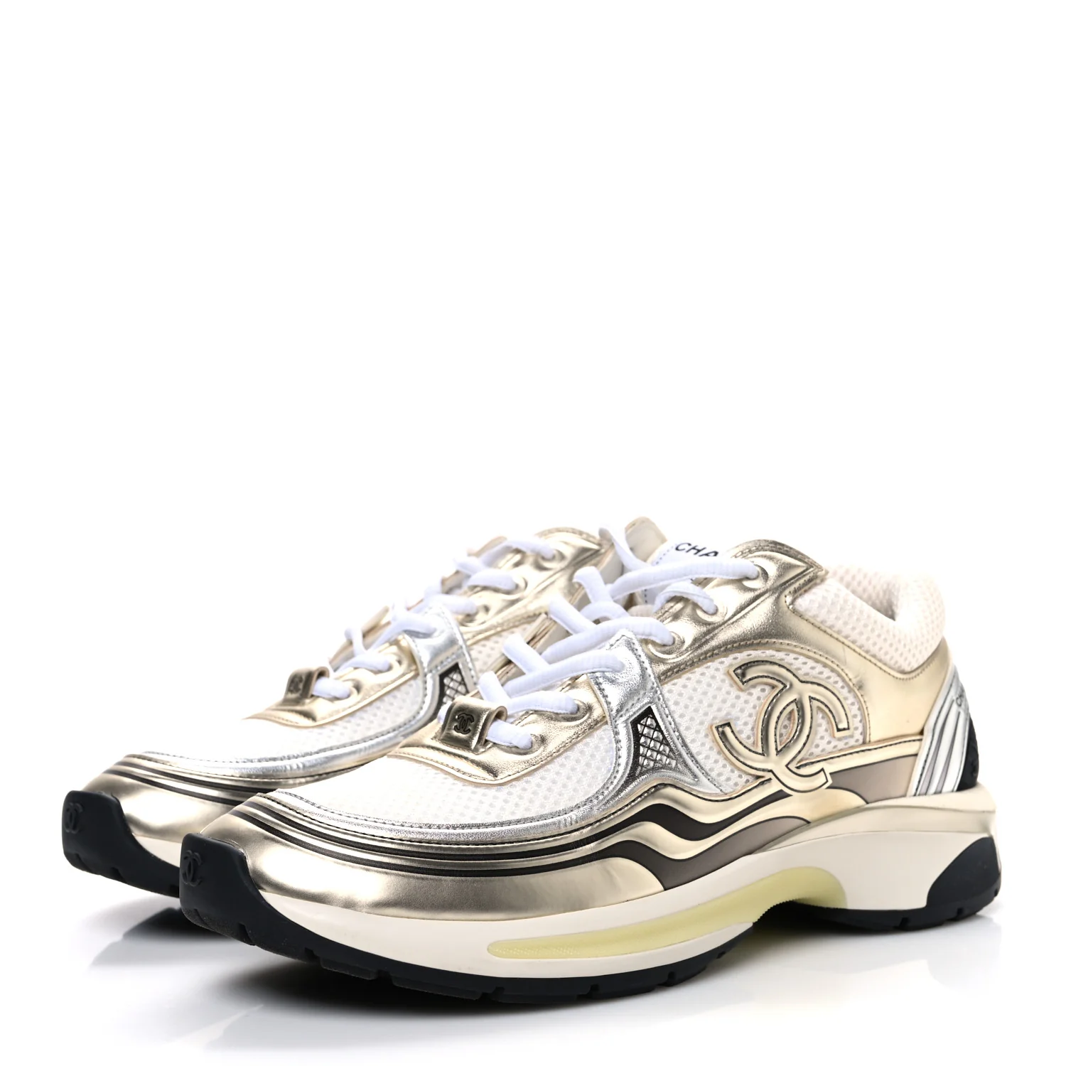 Fabric Laminated Calfskin Stretch CC Womens Sneakers 39.5 White Silver - Image 4