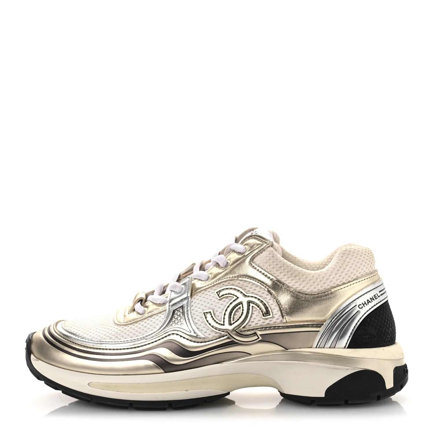 Fabric Laminated Calfskin Stretch CC Womens Sneakers 40 White Gold Silver