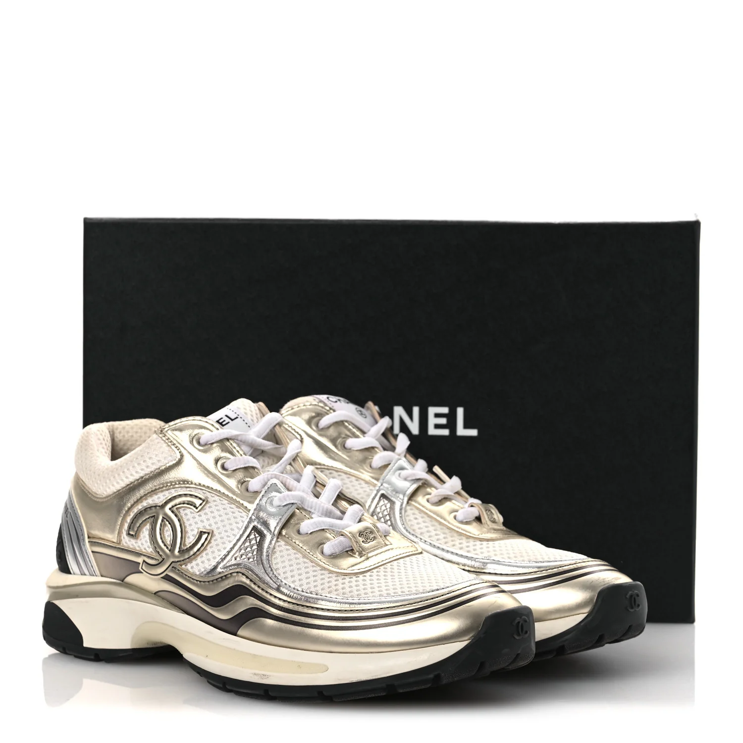 Fabric Laminated Calfskin Stretch CC Womens Sneakers 40 White Gold Silver - Image 13