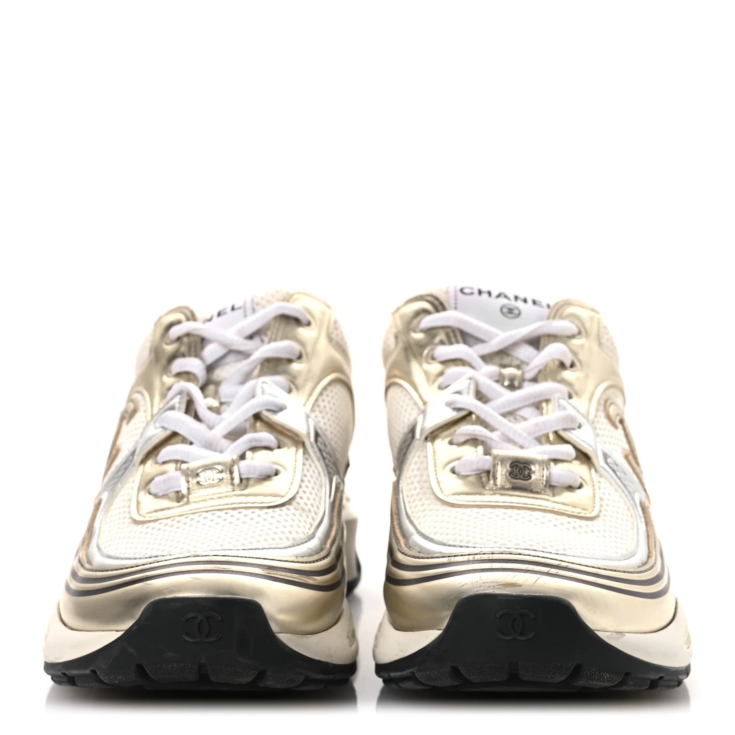 Fabric Laminated Calfskin Stretch CC Womens Sneakers 40 White Gold Silver - Image 3