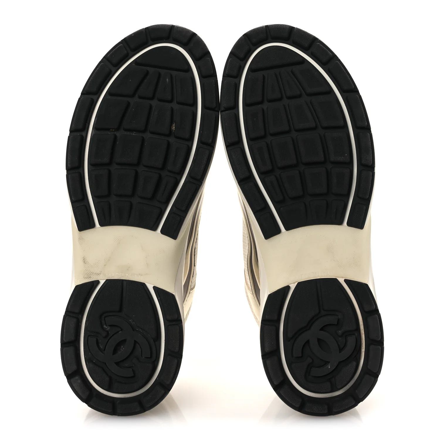 Fabric Laminated Calfskin Stretch CC Womens Sneakers 40 White Gold Silver - Image 7