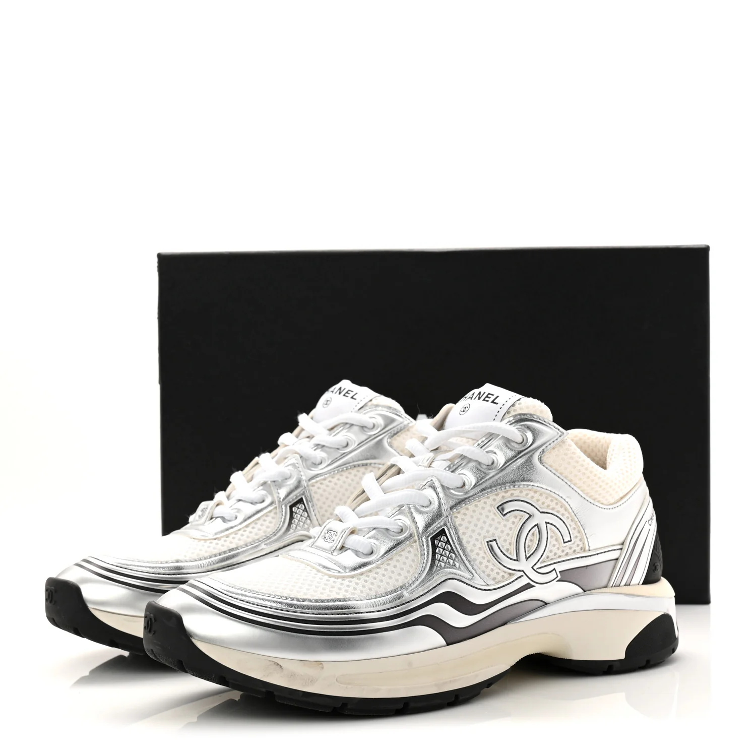 Fabric Laminated Calfskin Stretch CC Womens Sneakers 40 White Silver - Image 11