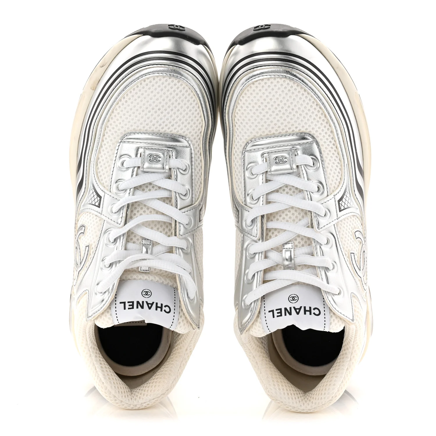 Fabric Laminated Calfskin Stretch CC Womens Sneakers 40 White Silver - Image 2
