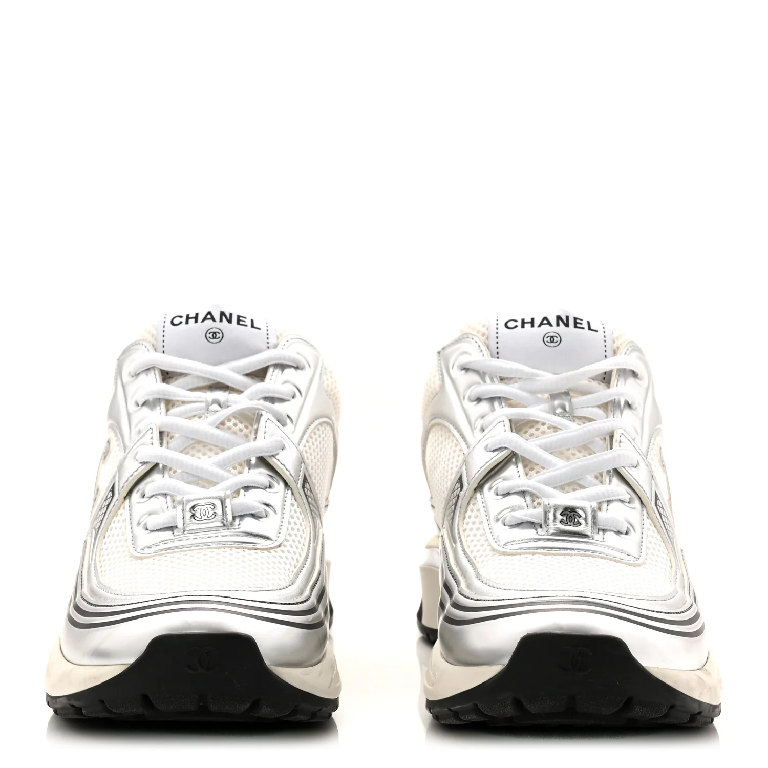 Fabric Laminated Calfskin Stretch CC Womens Sneakers 40 White Silver - Image 3